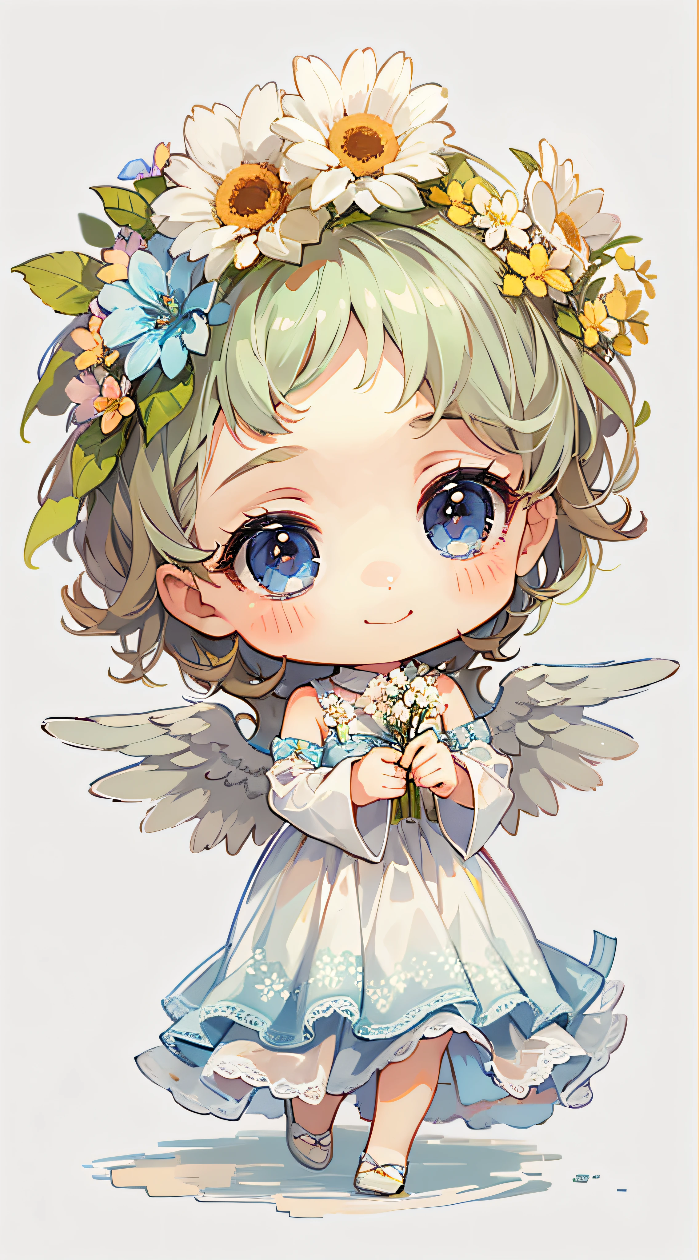 Little Angel, estilo chibi, With angel wings, Gentle smile, holding a flower, Vintage Long Dresses、colorfull dress, Isolated on plain white background, Show full body