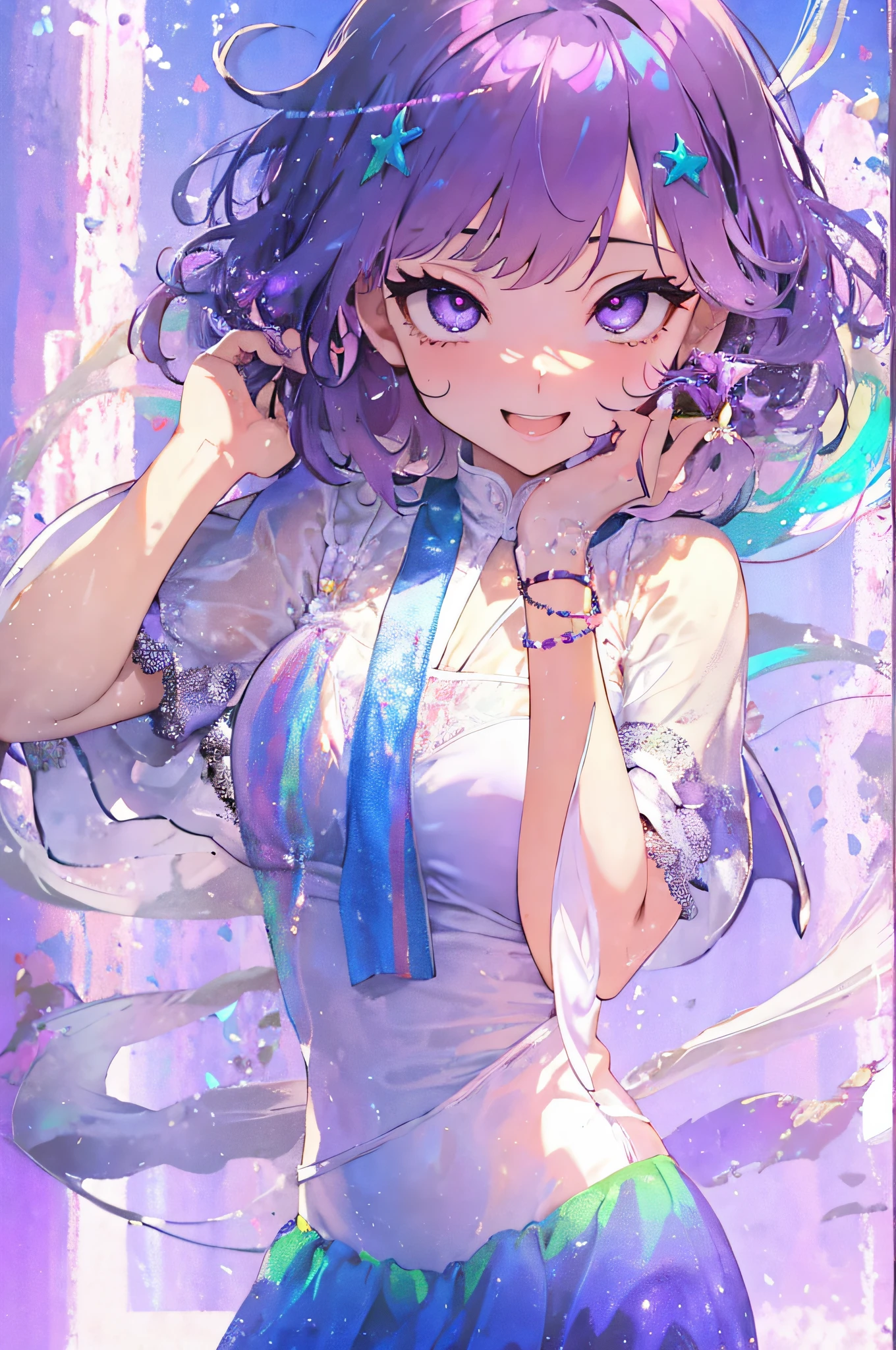 (masutepiece:1.3), (Best Quality:1.3), High resolution, Couboy Shot, I'm on the street with my arms outstretched and a big smile on my face.、Spread your arms、Hair color is purple、Eight-headed body、Short hair、bobhair、Blue Mesh、blacklight、Vivid sea、Clear、Iridescent Sea、huge smile、Spectacular background、 Eyes are purple, Miraculous Eye、Beautiful detailed eyes, ultradetailed eyes、Glitter eyes,Make the most effort to the shine in your eyes、, (One Cute Girl:1.3), , Hair over one eye, Small breasts, Dress, Dress like a wacky fashion model、White pantyhose、Wearing a rainbow-colored aura from the whole body、purpleish color, Outdoors, Purple background, Shadow lighting、perfectbody