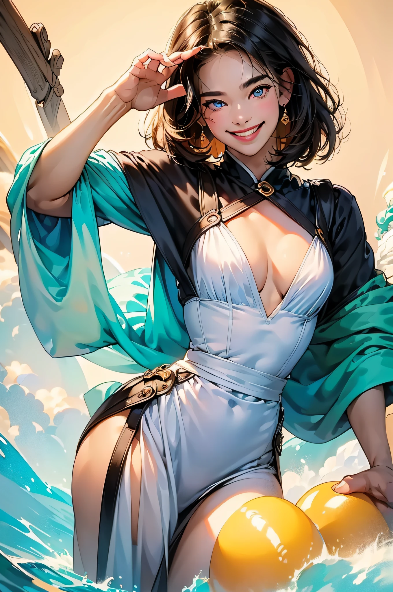 (in 8K、top-quality、masterpiece:1.2)、1人の女性、(Smiling smile:1.1)、beautidful eyes、Valley、The upper part of the body、shorth hair、Like a boy、Colossal tits、Yellow view、