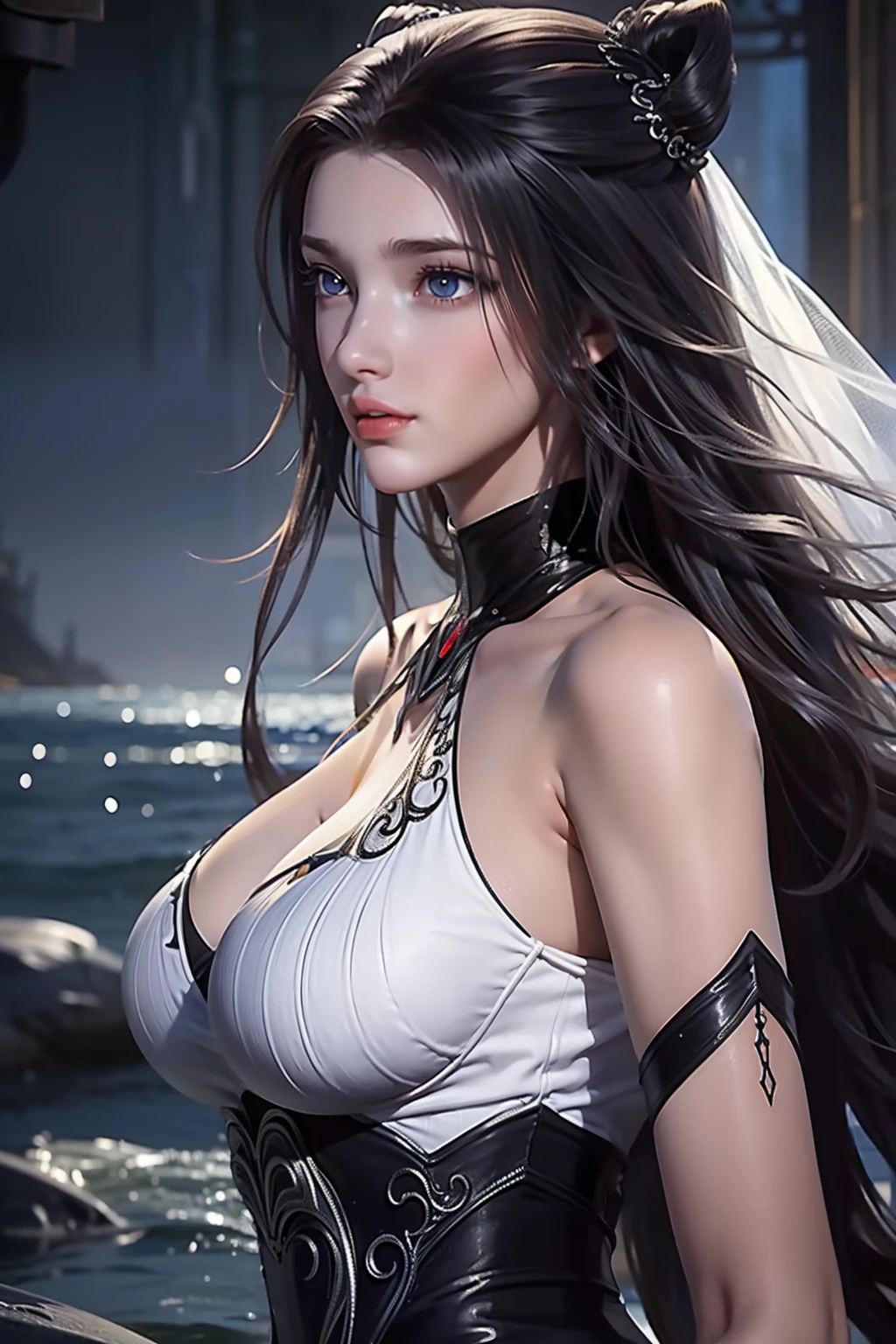 (RAW Photo, Best Quality), (Realistic: 1.3), Best Quality, Highly Detailed, Masterpiece, Hyperdetail, Illustration, 1 Girl, upper_body, Dynamic Angle, World Mastery Theater, messy_long_hair, Best Quality, Extremely Detailed CG Unified 8k Wallpaper, Ink, Breathtaking, Cinematic Light, lens_flare, Fantastic Big Eyes, (Yushui: 1.2), Water, Waves, White Clothes, White Veil, (White Serpent's Tail), Sony main shot, long hair, blunt_bangs,