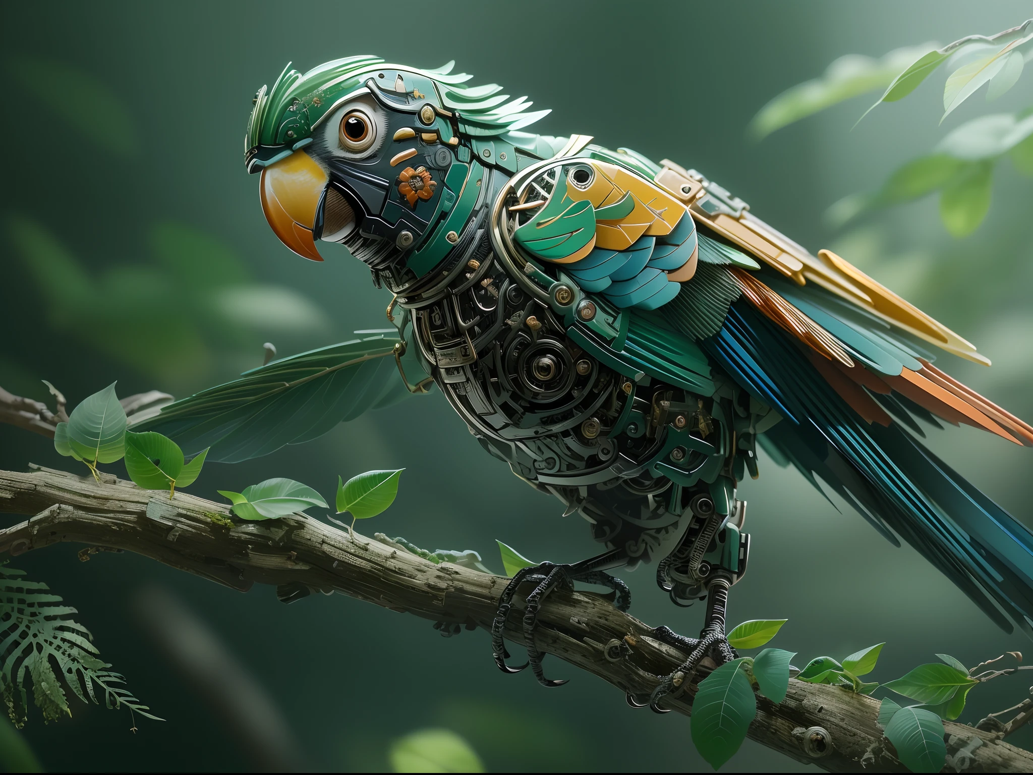 (Best quality,4K,8K,A high resolution,Masterpiece:1.2)。(There is a cute mechanical parrot on the branch:1.2)，Glowing eyes，sharp beak,。beautifully soft lit, Edge light,Cool，Dark wind