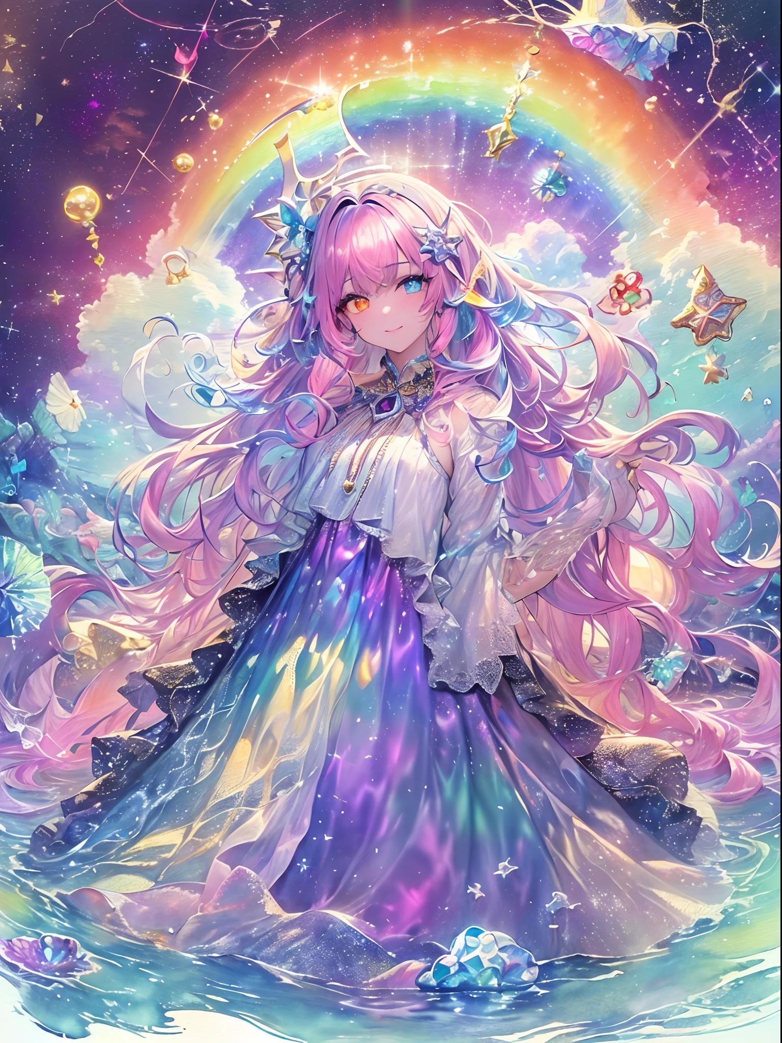 Light focus , (Bright gradient watercolor :1.5, Lens Flare:1.5 , Glitter :1.5), （fruit:1.5,a cake:1.5、girl with:1.5, fluffy girl:1.5）、full body Esbian、monstergirl、Glow , Dreamy , Bright background、Grid illusion, Colorful, girl、(((Bright sea background:1.5,Psychic in the background:1.5))),((extremely detailed eye:1.5)),{{{Ultra 8K resolution}}},((masutepiece, of the highest quality, Beautiful and aesthetic: 1.2)),{{hyper detailed masterpiece: 1.7}}, {{Cinematic lighting}},(The hair　Transparency:1.5）,(Light shades:1.5，light toned，Bright big aurora background:1.5、ming:1.5，Cold reflection:1.5，The edges of the object are reflected by a rainbow:1.5) 、(Golden ratio: 1.2), (Full body: 1.2), (Super Detail: 1.3), (girl with: 1.3), (Fractal Art: 1.3), {{{Glitter Pupil:1.25}}}) , ((rainbow-colored hair:1.2、colourful hair、Half blue and half red hair:1.5,Shiny hair: 1.2)), (Heterochromia), (full body Esbian), (Hyper-detailing), ((delicate detail)), (intricate-detail), ((Cinematic Light, Highest quality backlight)), High contrast, {{{The best lighting, Very delicate and beautiful}}}, (( Cinematic Light)), (ray trace reflection, Glow), (((glowing aura)), {{{Glowing hair:1.25}}}, ((Super Detail)), (8K)), ((a closeup)), ((Brown skin)), ((Seductive smile)) ,((high angle full body shot)), (Full body:1.2)、(firmament:1.5)