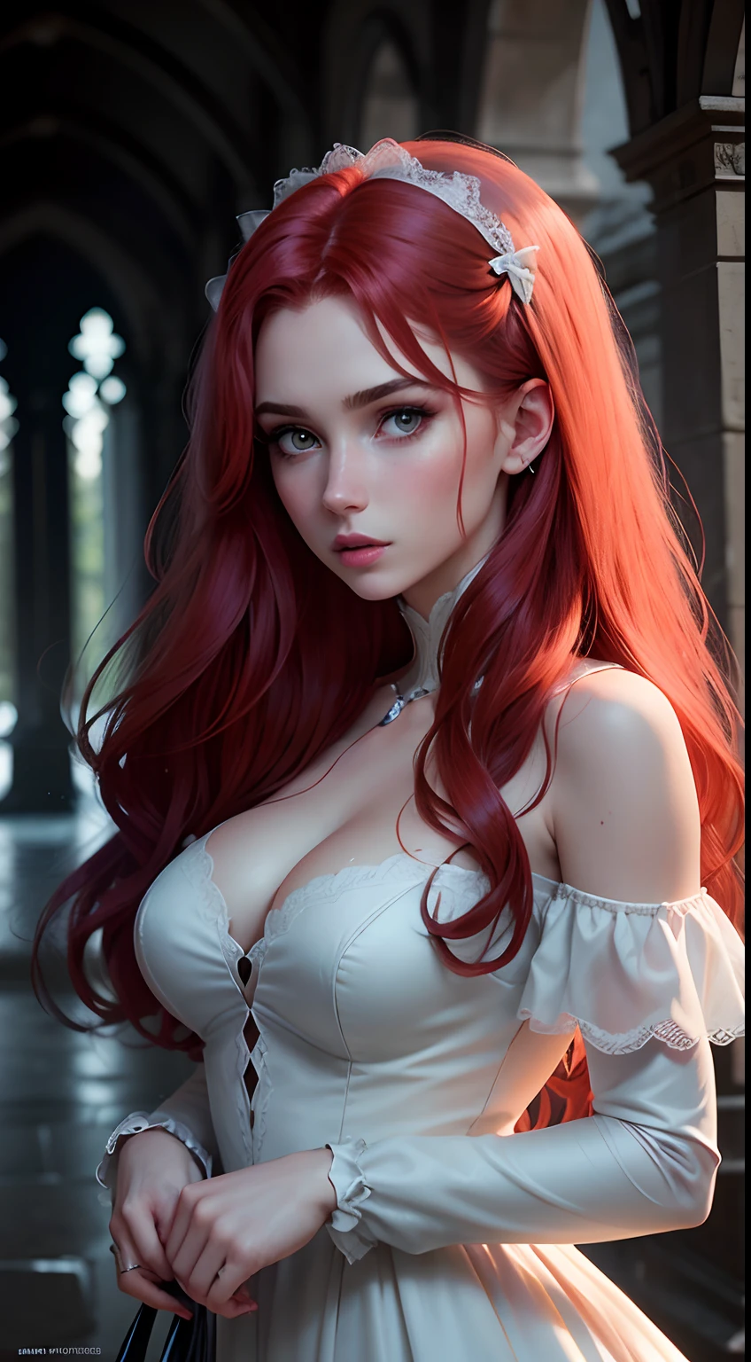 Movie footage of Mario Bava's horror movie, Full Medium Close-up, Gorgeous 18-year-old woman resembling Bella Thorne, long red hair, soft pale skin, Pretty and young々Shishi Face, Well-defined eyebrows, Light blue eyes, delicate nose, plump round lips, thin and long legs,White high heels,Walk through the Gothic cemetery at night in a white wedding middle dress, Foggy and rainy conditions, Ghostly atmosphere, 1600s, (high skin detail: 1.2), Ultra-detailed, Photorealsitic, depth of fields, Cinematic lighting, IMAX Camera, nffsw, nffsw, Full-HD, 8K