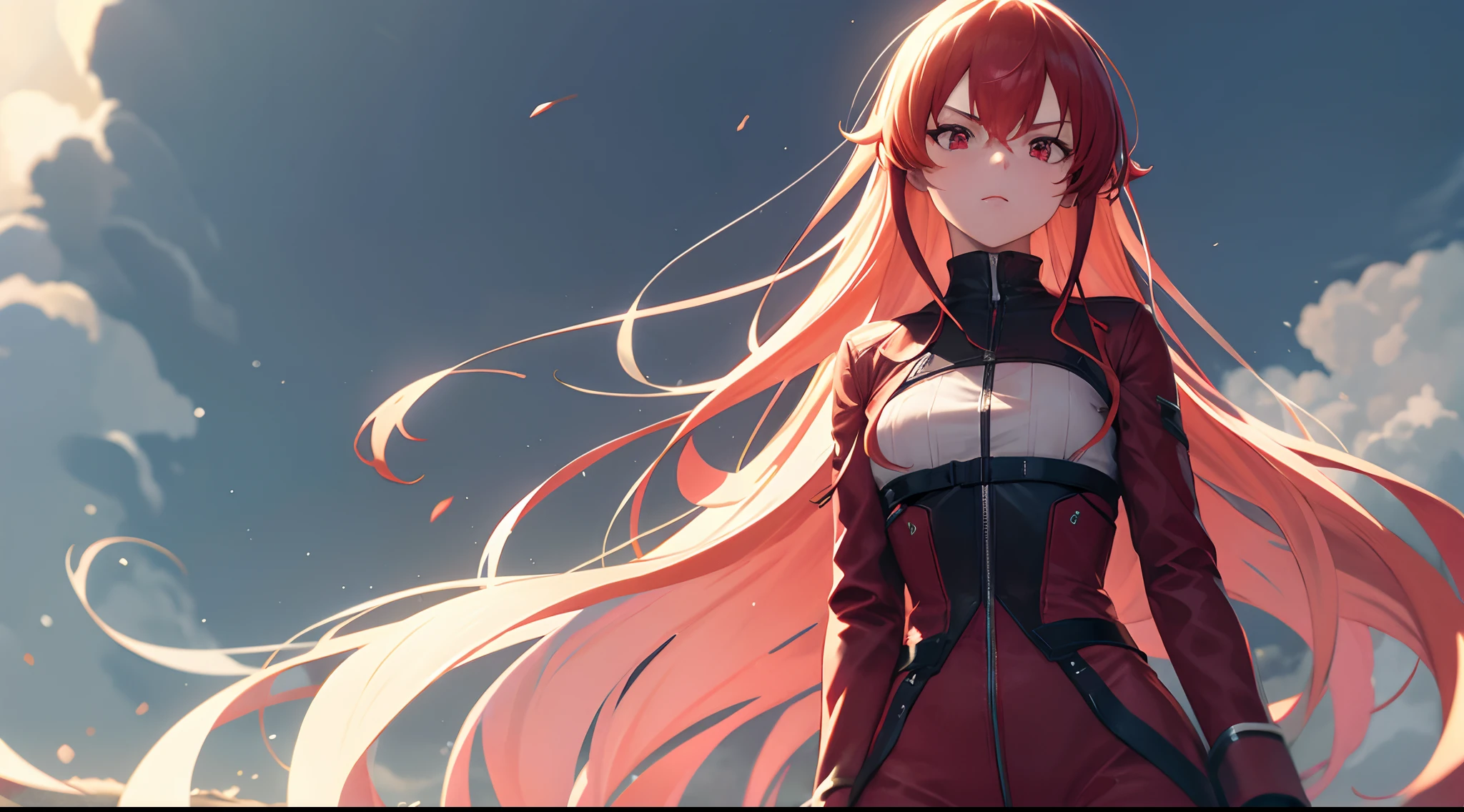 Red long-sleeved jumpsuit(The middle of the chest is not covered), Ultra-high image quality 4K, Red eyes, Red headphones, Long white hair, background battlefield, White hair, Long hair,