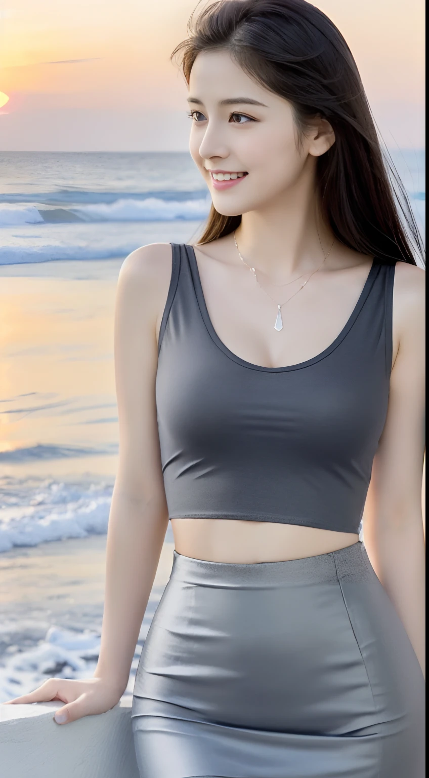 Marian Rivera, 30 years old ,((1 girl)), Solo, ((crisp breasts:1.3)), Slim body, Tall body,Beautiful young lady, Nikon Z 85mm, ((Best quality)) ((Masterpiece)), intricately details, Sharp focus, professional, Realistic, Real life, hyper realisitc, Photorealistic,  finedetail, Best quality, Very detailed CG unity 8K wallpaper, Perfect artwork, full bodyesbian, Shiny hair, Glowing eyes, Shiny skin, Realistic, Perfect female hourglass figure, Thin waist, Wide buttocks, view the viewer, Extremely delicate and beautiful, Best quality, beautiful details girl, beautiful eyes in detail, Face lighting, cinmatic lighting, Perspective, revealing buttocks, Perfect collarbone, golden-ratio face, Realistic Facial Expression, (exquisitedetails, Makeup, (exquisite beautiful exquisite face, Delicate and beautiful eyes, a face with perfect proportion, highdetailskin,((Wearing a tight black tank top gray miniskirt )), ((Cute smile)), ((Simple diamond necklace)), ((Closed breasts)), ((closed clothes), ((Polite clothes)), Sunset by the sea，The girl stands, Feet,  Dynamic pose