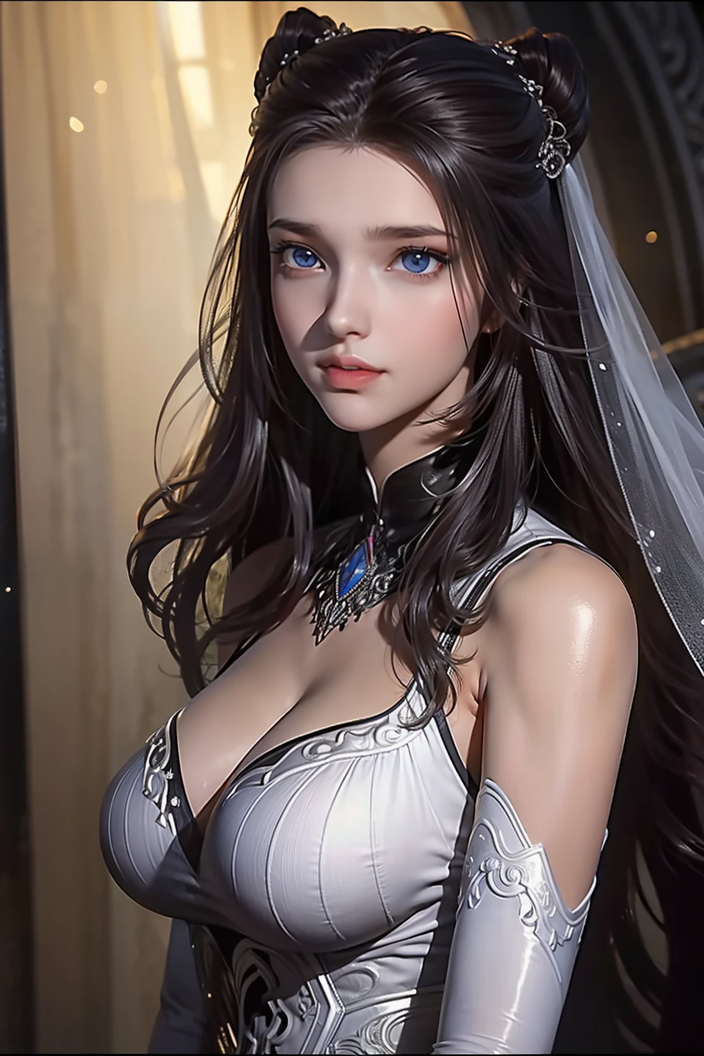 (RAW Photo, Best Quality), (Realistic: 1.3), Best Quality, Highly Detailed, Masterpiece, Hyperdetail, Illustration, 1 Girl, upper_body, Dynamic Angle, World Mastery Theater, messy_long_hair, Best Quality, Extremely Detailed CG Unified 8k Wallpaper, Ink, Breathtaking, Cinematic Light, lens_flare, Fantastic Big Eyes, (Yushui: 1.2), Water, Waves, White Clothes, White Veil, (White Serpent's Tail), Sony main shot, long hair, blunt_bangs,