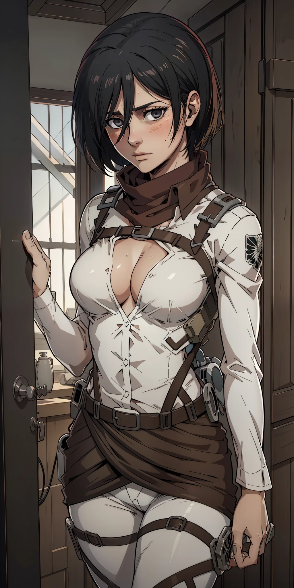 Hyper realistic super detailed sexy  Mikasa Ackerman , Very detailed, expressions faciales sexy, seductive facial expressions, [:(Face detail: 1.4): 0.4], 16K resolution, 4k resolution, dinamic lighting, High definition resolution, (hyper realistic: 1.4),(contrasting background: 1.5), (Anatomy of the hyperrealistic arm), (Hyperrealistic anatomy of the legs), (peau propre), (lighting cinematic: 1.7), (intime), (Technologie NVIDIA RTX Ray Tracing), (Anatomy of the hyperrealistic arm: 2), (Ventre plat parfait), (image couleur),  Mikasa Ackerman  ,breasts, cleavage, blush, medium breasts, open door, pov doorway, opening door, door, doorway, bangs, looking at viewer, collarbone, phone, solo focus, indoors, sweat, pov, no bra, cellphone,Mikasa Ackerman, masterpiece, best quality, highres, short hair, black eyes, scarf, belt, thigh strap, red scarf, white pants, white shirt