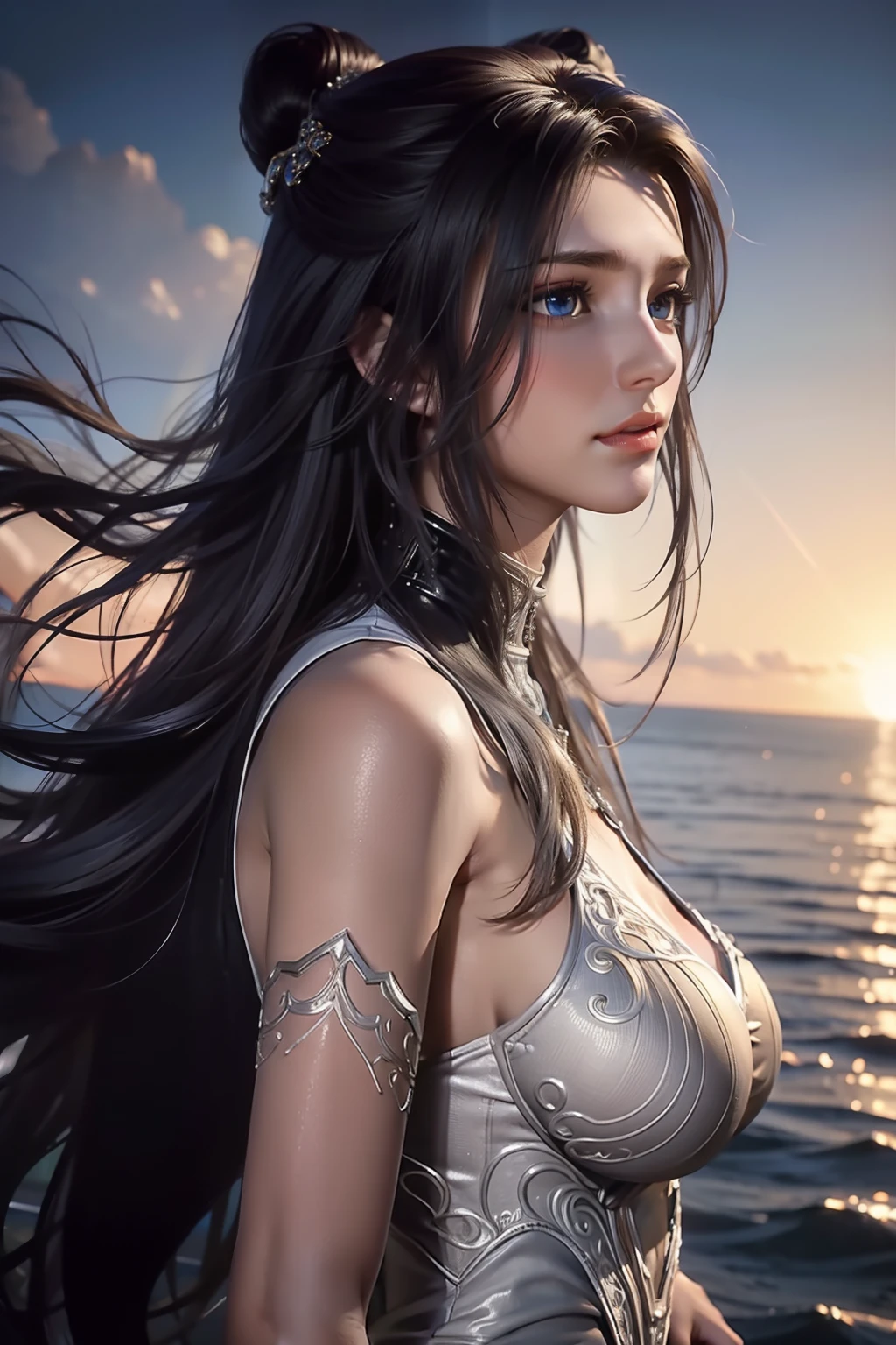 (RAW Photo, Best Quality), (Realistic: 1.3), Best Quality, Highly Detailed, Masterpiece, Hyperdetail, Illustration, 1 Girl, upper_body, Dynamic Angle, World Mastery Theater, messy_long_hair, Best Quality, Extremely Detailed CG Unified 8k Wallpaper, Ink, Breathtaking, Cinematic Light, lens_flare, Fantastic Big Eyes, (Yushui: 1.2), Water, Waves, White Clothes, White Veil, (White Serpent's Tail), Sony main shot, long hair, blunt_bangs,