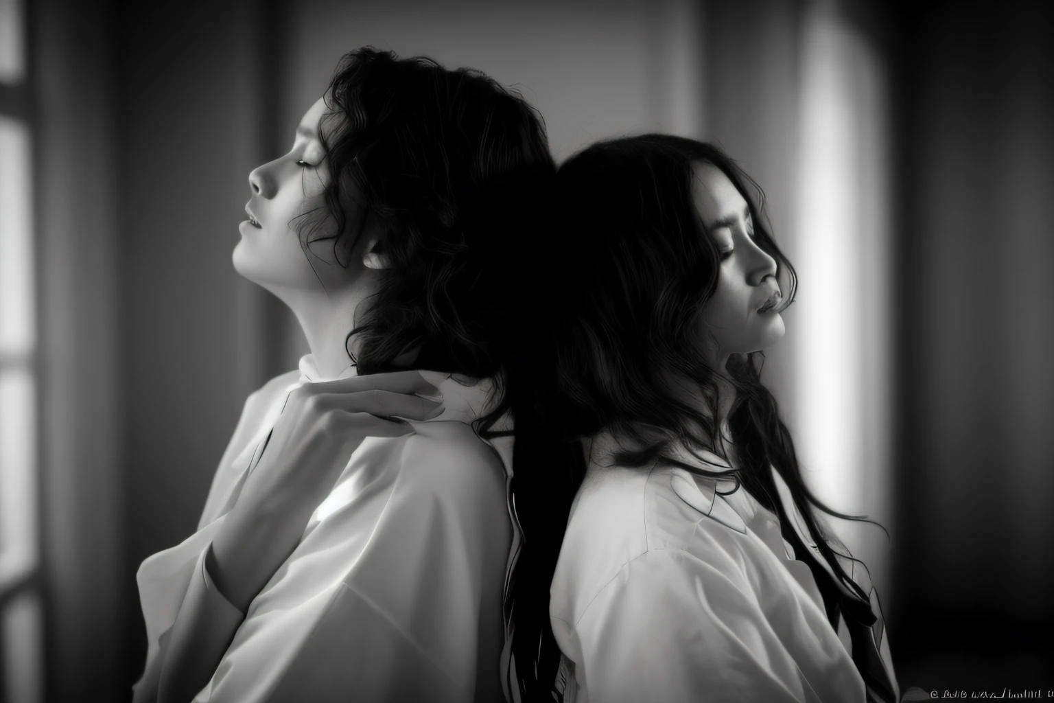 They are two women standing next to each other, Head bowed, Ayanamikodon et Irakli Nadar, Portrait de deux personnes, Portrait dramatique de Namenlos, Prise avec Sony Alpha 9, Image promotionnelle, Par Basuki Abdullah, Photo promotionnelle, par Matija Jama, Portrait de couple, Shot with Sony Alpha, Photo en noir et blanc