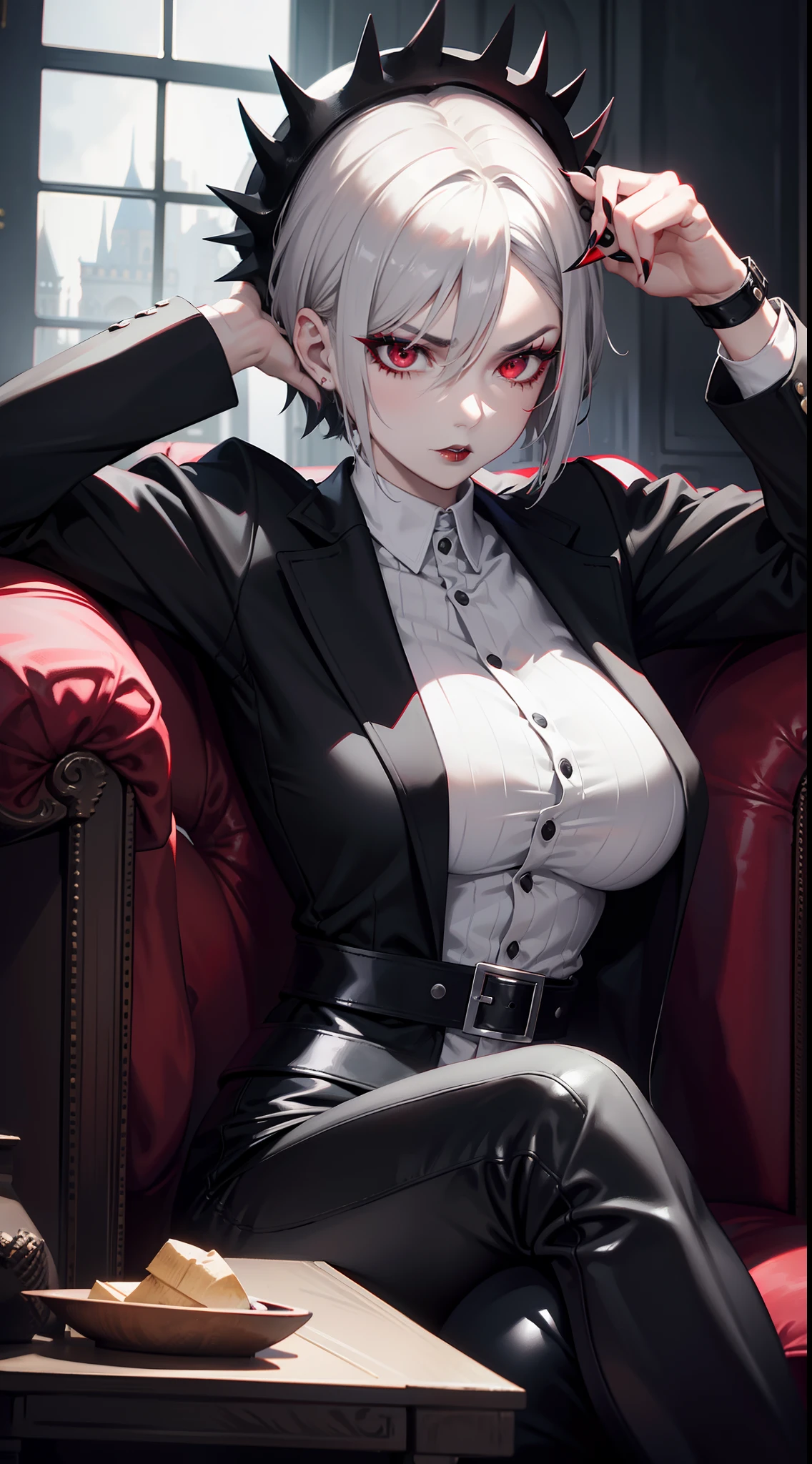 Adult woman, short gray hair, spike hair, red eyes, black eyeshadow, black lipstick, white aristocrat jacket, black tight pants, large breasts, muscles, claws, castle, sitting on armchair, Masterpiece, hiquality, 4k, HD, Good detail