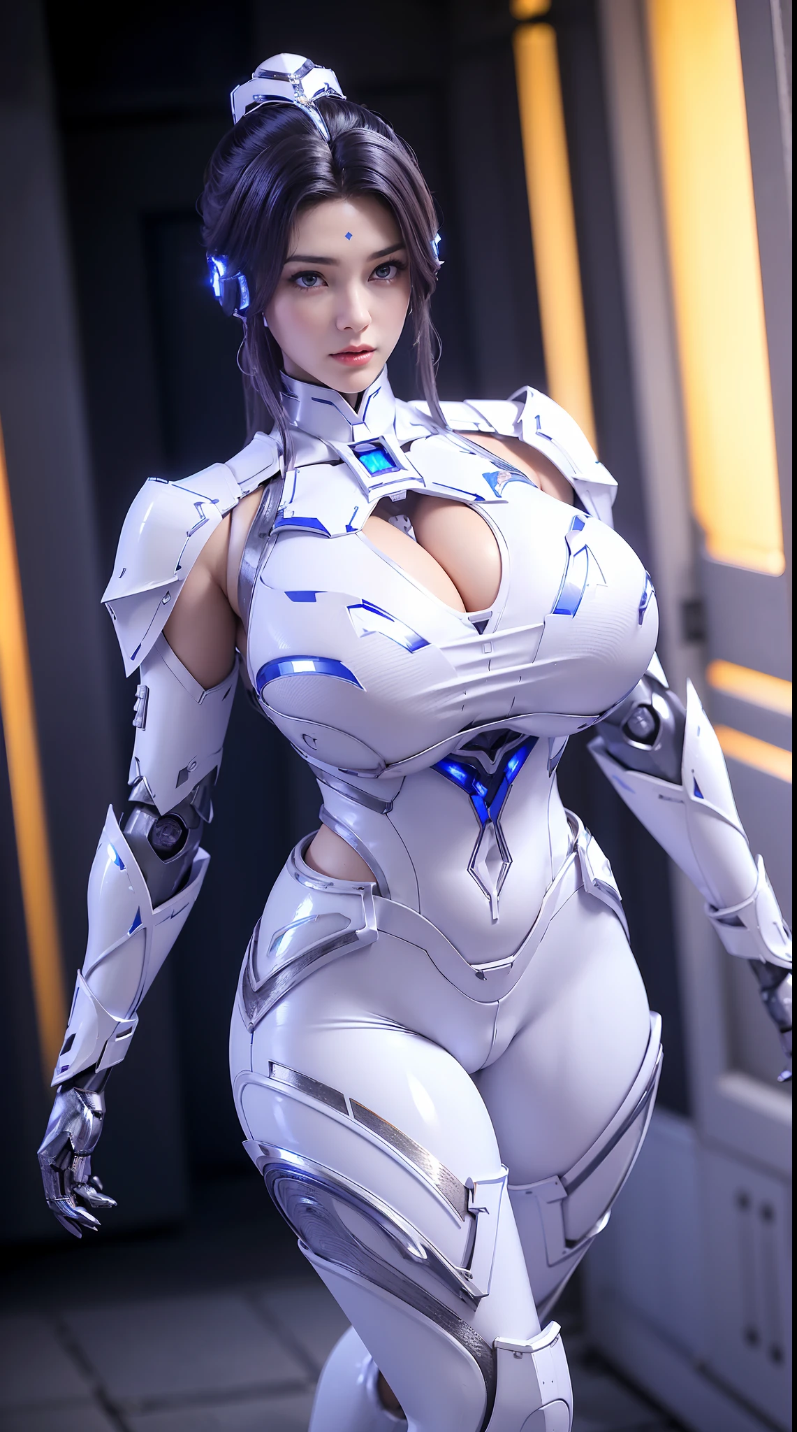(1GIRL, SOLO), (super detailed face), (mecha headwear:1), (BIG BUTTOCKS, 11 LINE ABS, HUGE BOOBS:1.4), (MECHA GUARD ARM:1.3), (BLUE,WHITE, SHINY MECHA CYBER ARMORED SUIT, CLEAVAGE, MECHA SKINTIGHT SUIT PANTS, DIAMOND CORE IN ARMOR, MECHA GUARD ARMOR LEGS, HIGH HEELS:1.5), (MUSCULAR BODY, SEXY LONG LEGS, HALF BODY:1), (LOOKING AT VIEWER:1.3), (famale focus:0.786), (WALKING DOWN HALLWAY OF FUTURISTIC SPACE STATION:1), (BRIGHT LIGHTING:1.5), PHYSICALLY-BASED RENDERING, ULTRA HIGHT DEFINITION, 16K, 1080P.