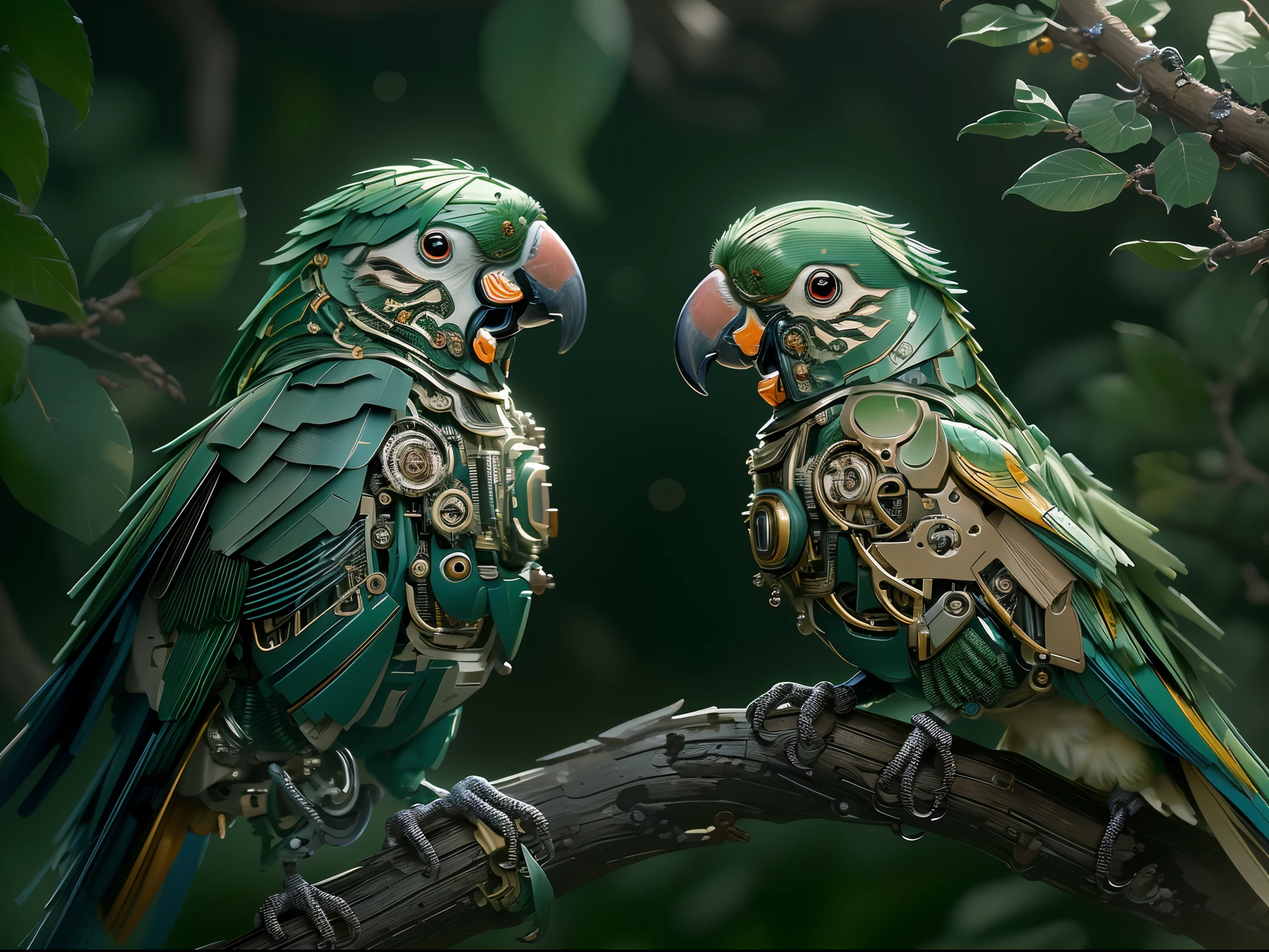 (Best quality,4K,8K,A high resolution,Masterpiece:1.2)。(There are 2 cute mechanical parrots on the branches:1.37)，Glowing eyes，sharp beak,。beautifully soft lit, Edge light,Cool，Dark wind