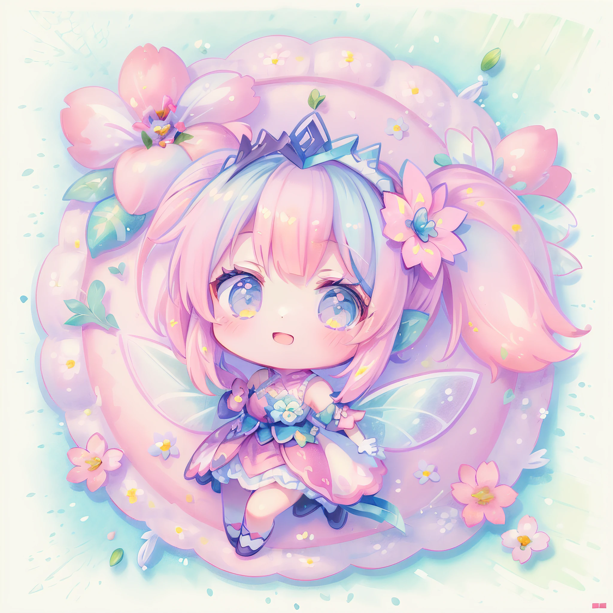 (((masutepiece))), Best Quality, Extremely detailed, (watercolor paiting:1.0), (Pastel colors:1.6), (pale color:1.2), (Make the lines thinner:1.2), (White Princess Costume:1.2), (tiarra:1.1), (Fairy Wing:1.5), (Flying:1.3), (((girl with))), (((Solo))), Happy, (Blue eyes), waving at viewer, Full body, Ahoge, BREAK, (Pink twin tails:1.3), (((Deformed))), (((Chibi Character))), (((Aerial view of Flowerfeld:1.5)))