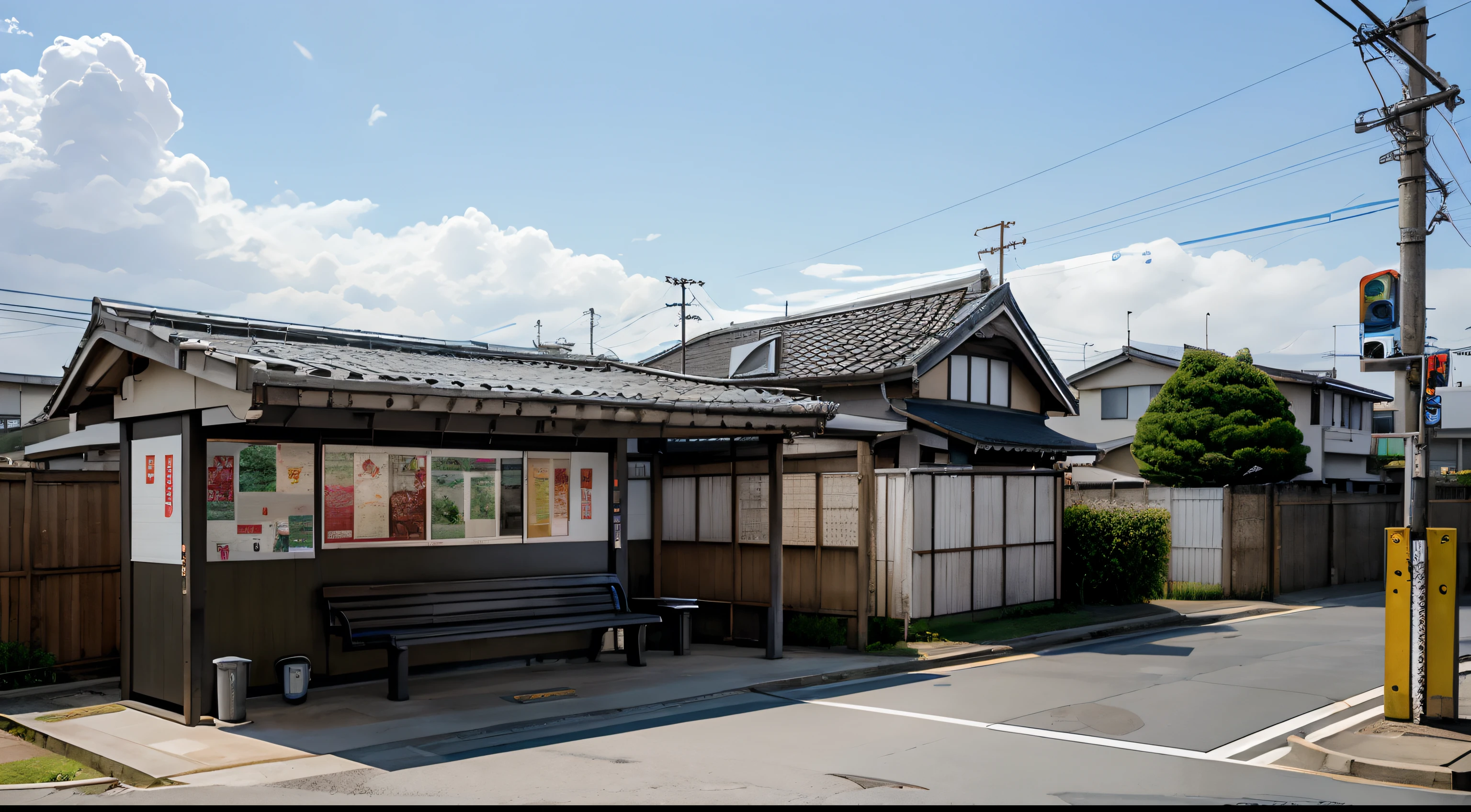 Photorealistic, urban, Fukuoka Prefecture, bus stop, bench,With a residential house in the background,Plastic roof, plastic walls, electronic billboard,timetable