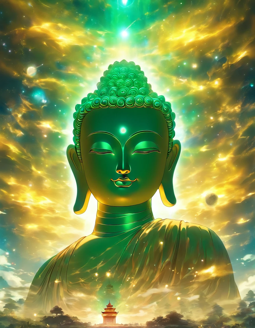 The huge transparent Buddha head is、Looking at the yellow planet in the soil of space，glow effect，OC rendering,enlarged