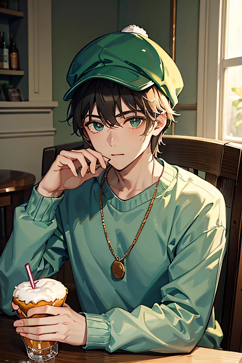 Young man sitting at a table drinking drinks and donuts, Pale green hat, wearing a cute hat, whitesweater, wearing a baseball hat,