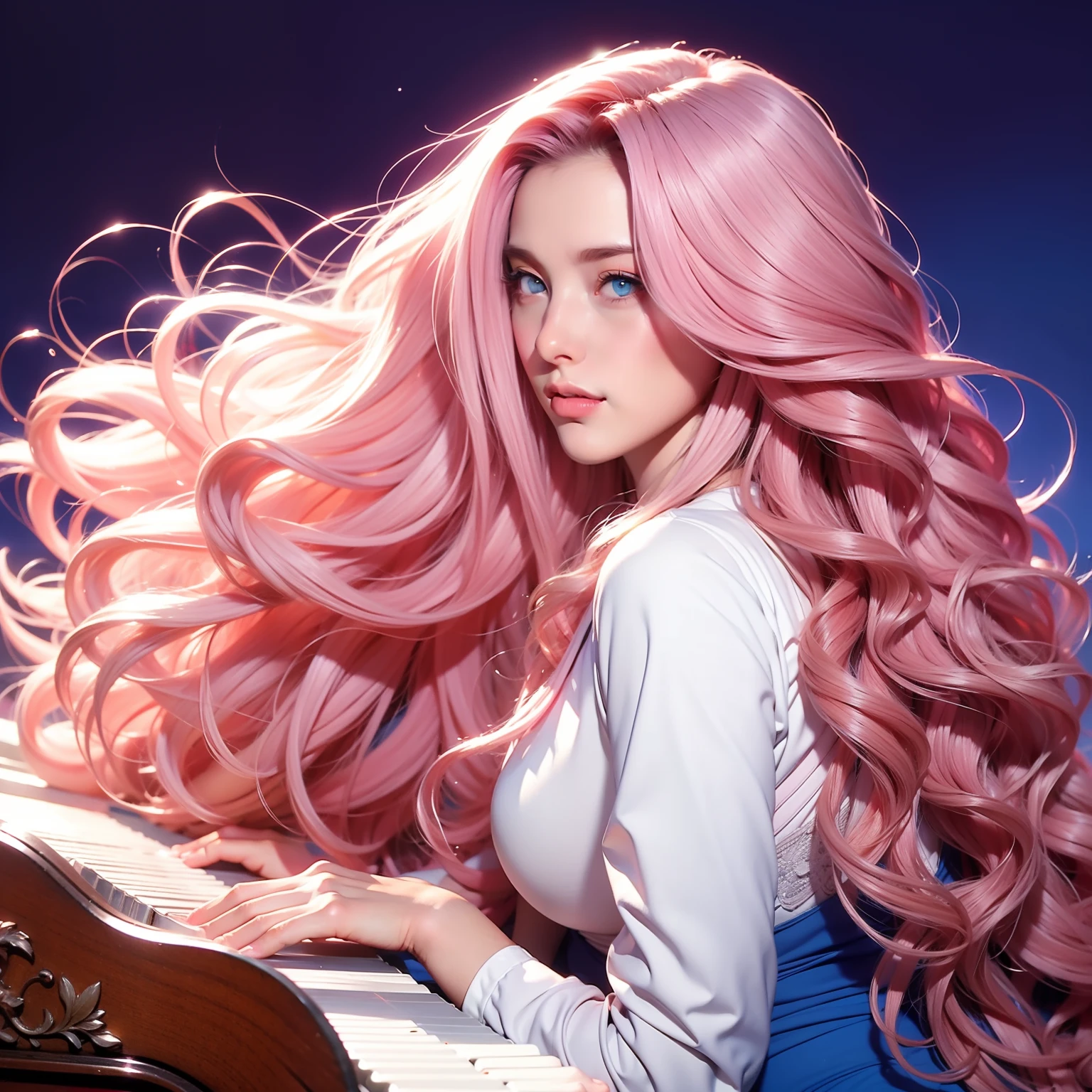 Woman, long curly hair, pink hair, blue eyes, playing the piano, voluminous hair, medieval background