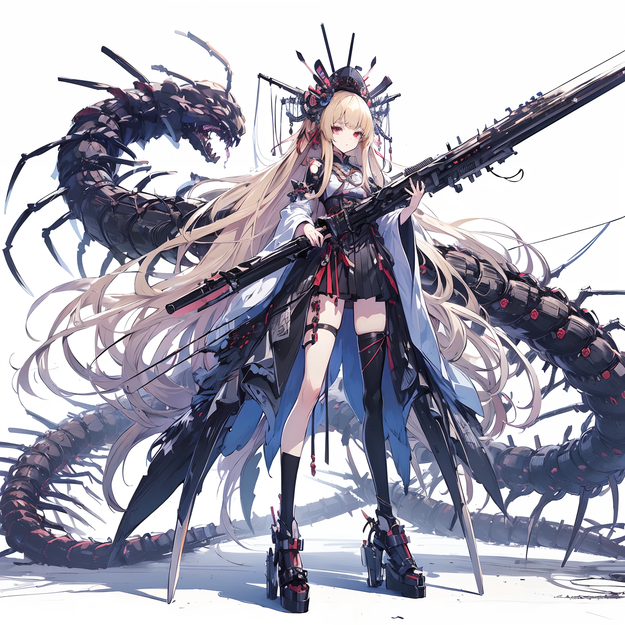 (masutepiece, Best Quality), (Perfect female body:1.2), Ultra-detailed, Anime style, Solo, Priestess in Cyberdress、With a huge giant sword, Cyberpunk Ninja Girl, ash blond hair, huge many branched centipede tails,,,, White background, Whole body. Standing in the wasteland