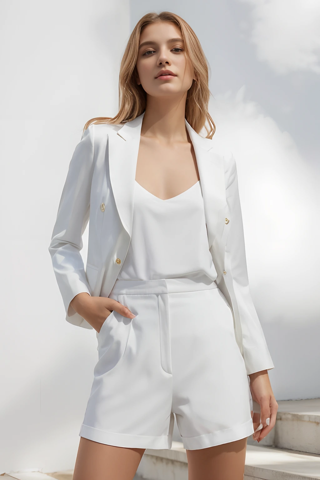 uma mulher de terno branco e shorts posando para uma foto, vestindo terno branco, terno branco, roupa branca de seda, white jacket, vestindo terno branco futurista, roupa branca, vestindo roupas brancas, roupas brancas, vestindo seda branca, no terno, em roupas brancas, white clothing, menina terno, terno elegante, roupas brancas da moda, roupas brancas da moda