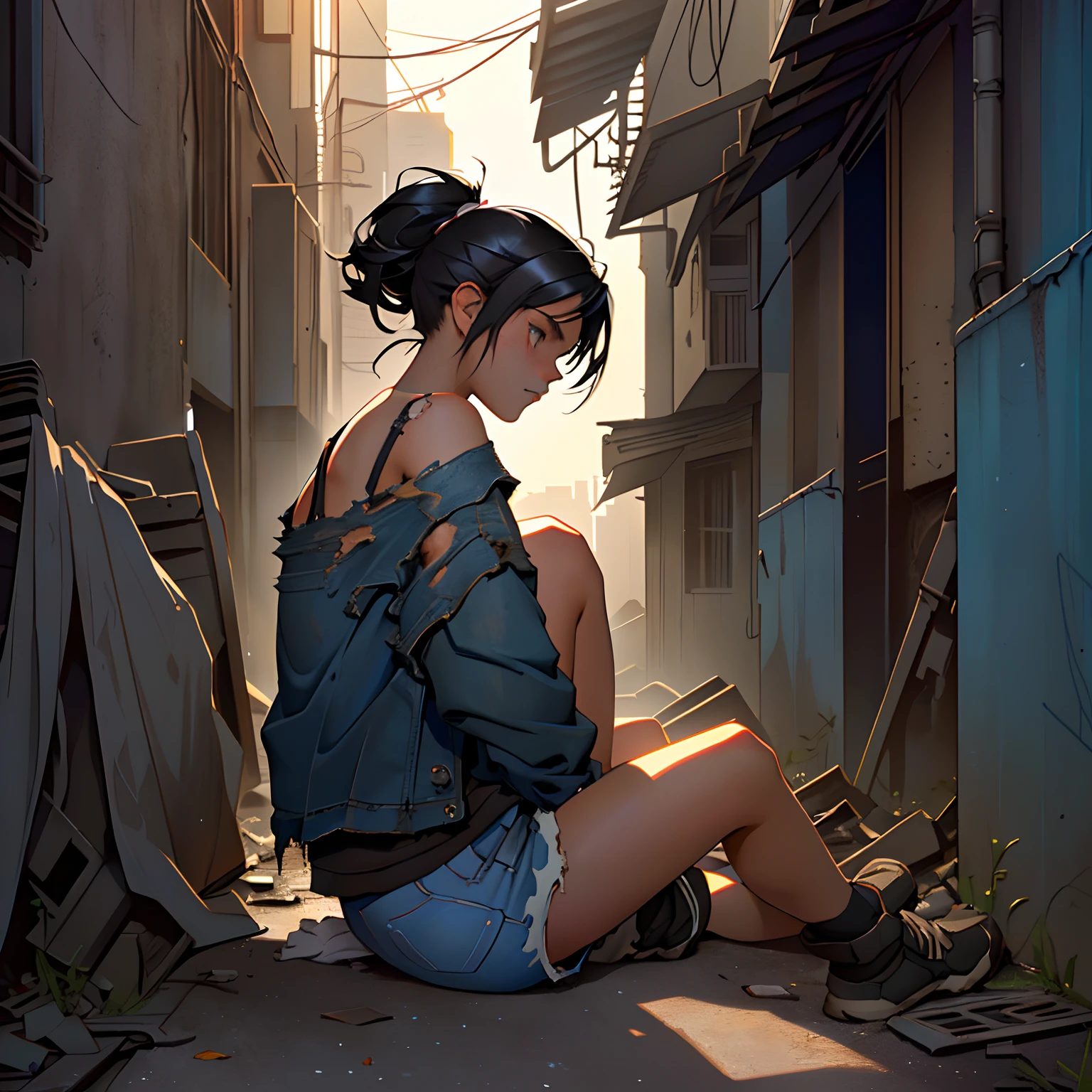 A little girl sits on the floor in a dirty alley, looking her eyes up, Close-up view, Rear Angle, young girl (Black hair, Ten years old, tattered clothes), sit by the wall, ruined city, Destroyed buildings, high-resolution, Best Quality, Detailed face, cinematic lighting, realistic details, sharp focus, soft lighting