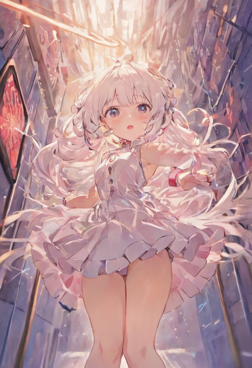 masterpiece, best quality, little girl, long hair, white hair, ahoge, bangs, bound_wrists, uncensored, about_to_be_raped, /, shaved_,  out, endured_face, no bra, torn pantyhose, ,