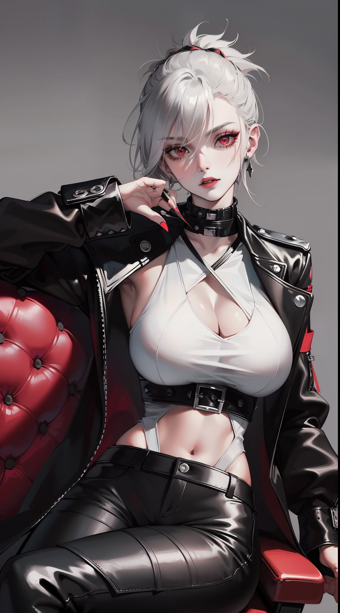 Adult woman, short gray hair, spiked hair, red eyes, black eye shadow, black lipstick, White aristocrat jacket, black tight pants, large breasts, musculature, claws, lock, sitting on a chair, Masterpiece, hiquality, 4k, HD, Good detail