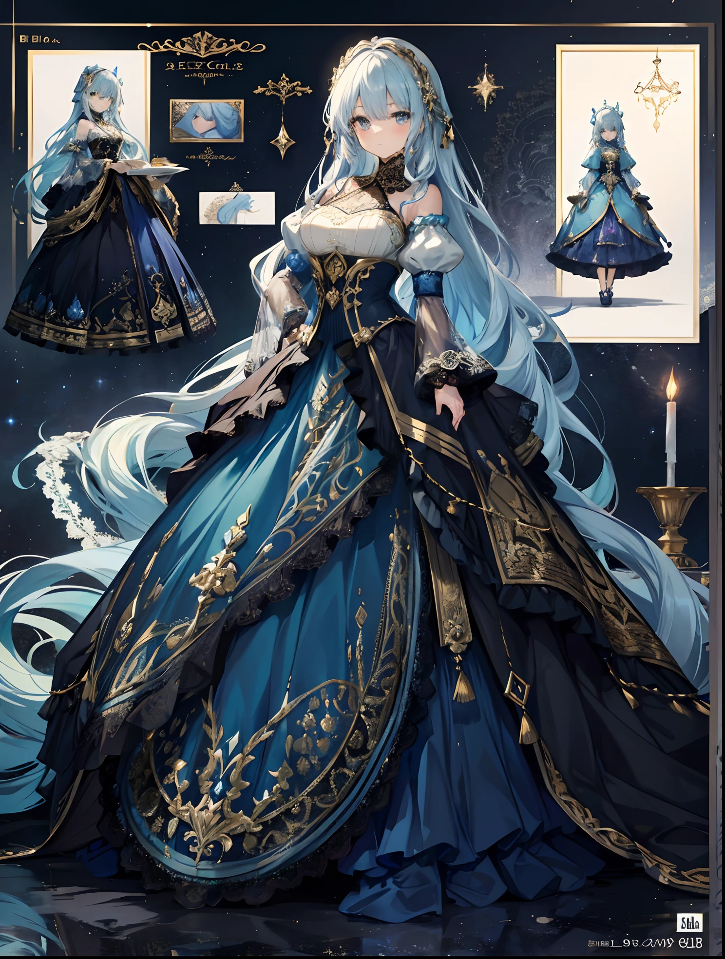 ((One girl)), Ultra-realistic photo of a girl in a majestic indigo and gold ball gown dress, Big beautiful dress, Complex puffy ball gown with lots of frills and rhinestones (Best Quality, masutepiece, ((Lace sleeves:1.2))。 art stations, Fantasy Art:1.2), Palace rooms, Beautiful cute girl, (Light blue long hair:1.3), (Complex short gold skirt, Bare legs:1.2, Full body shot)