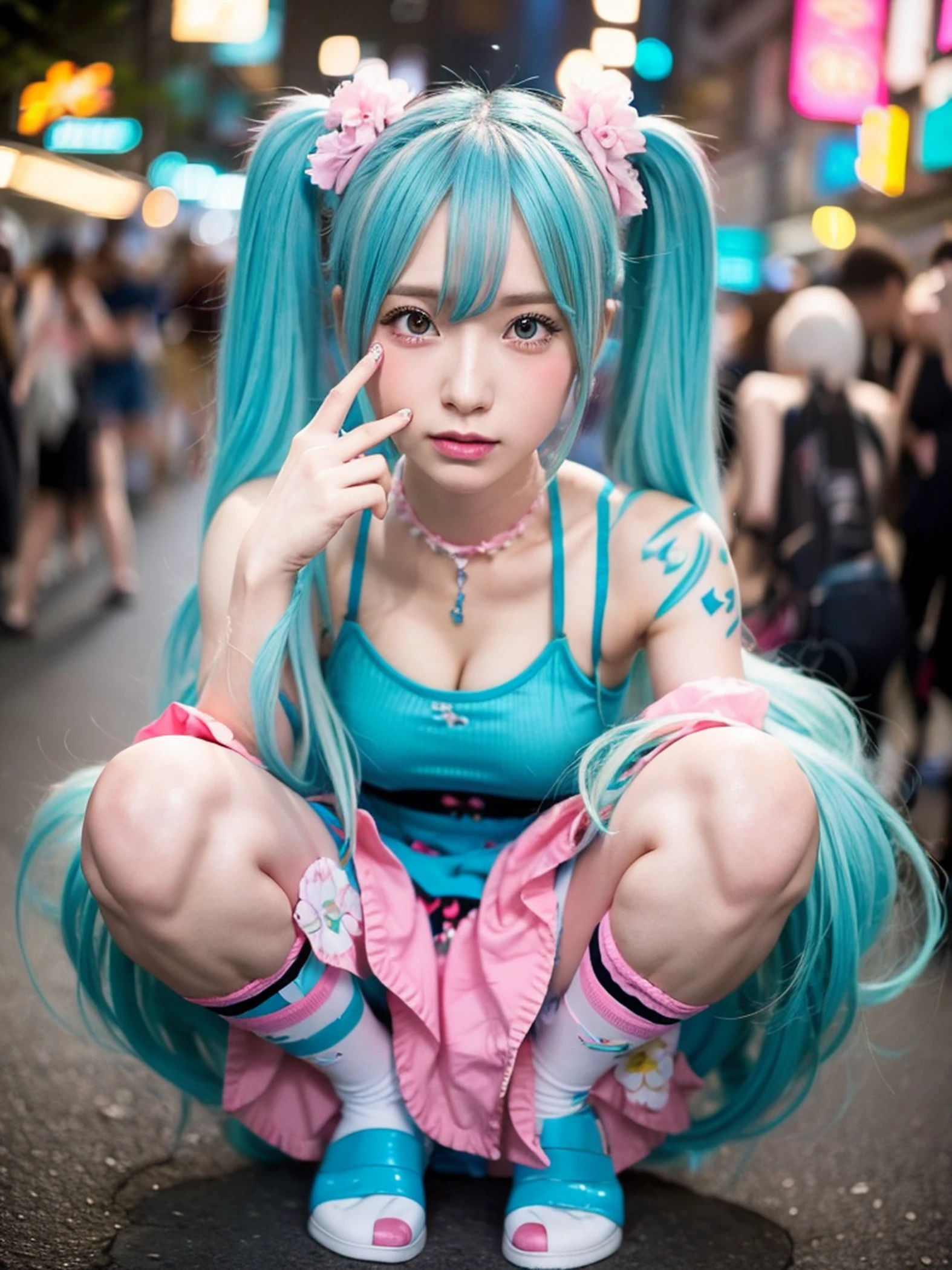 Anime girl with long blue hair and pink dress, pink twintail hair and cyan eyes, Miku, Twin-tailed, beautiful anime girl squatting, the anime girl is crouching, Hatsune Miku, Anime girl with teal hair, Rei Hiroe, Anime Barbie in white stockings, in dress, | | very anime!!!, Seductive Anime Girl, of the highest quality, One beautiful woman, Tank top, Put your hand to your mouth, medium breasts, Many tattoos say "nffsw", Upper body, 35mm lens, F/1, Night market, Taiwan