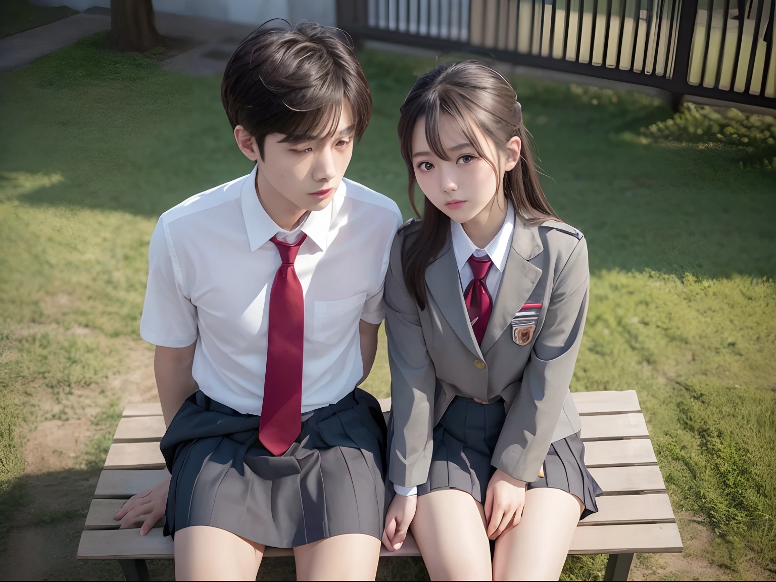 Man and woman are two cuddling people sitting on a bench in classroom, a photo by Tadashi Nakayama, shutterstock, conceptual art, Two Japan high school students posing, Japan school uniform, wearing japanese school uniform, Hair shortcuts、taken with sony alpha 9, Uniform with dark gray jacket and red stripe tie( Girls' uniform is gray miniskirt),(Boys in gray short-bread uniform)。 still from live action movie, huang yuxing and aya takano