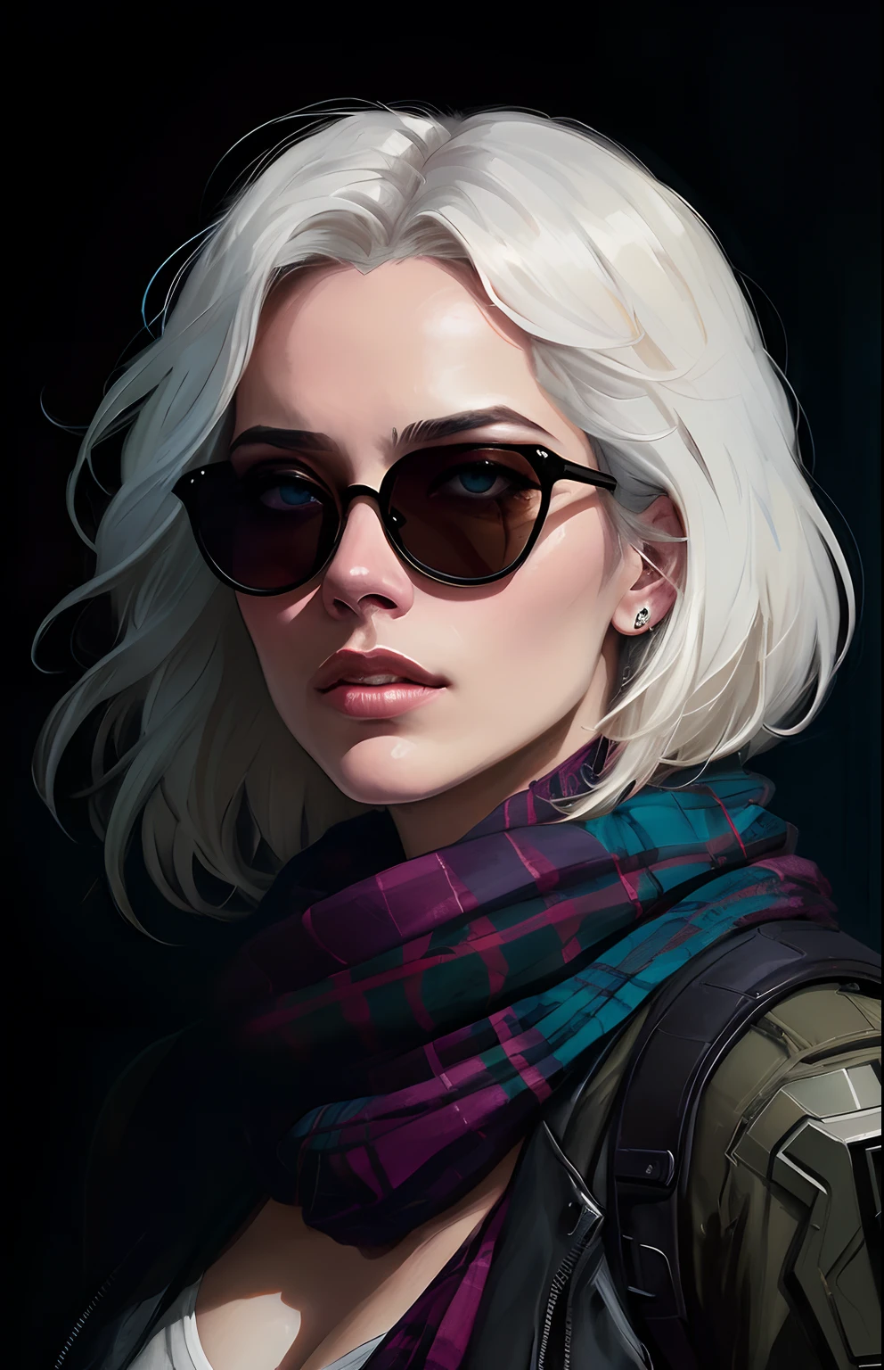 (dark shot:1.1), epic realistic, portrait of halo, sunglasses, blue eyes, tartan scarf, white hair by atey ghailan, by greg rutkowski, by greg tocchini, by james gilleard, by joe fenton, by kaethe butcher, gradient yellow, black, brown and magenta color scheme, grunge aesthetic!!! graffiti tag wall background, art by greg rutkowski and artgerm, soft cinematic light, adobe lightroom, photolab, hdr, intricate, highly detailed, (depth of field:1.4), faded, (neutral colors:1.2), (hdr:1.4), (muted colors:1.2), hyperdetailed, (artstation:1.4), cinematic, warm lights, dramatic light, (intricate details:1.1), complex background, (rutkowski:0.66), (teal and orange:0.4)