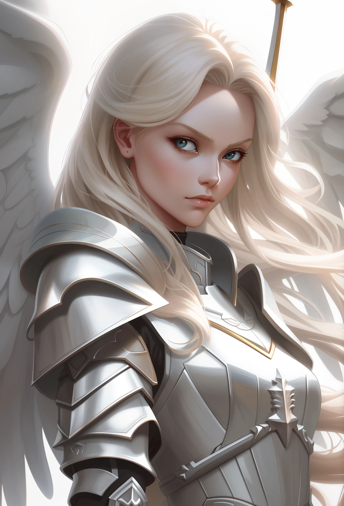 Blond angel with sword and armor standing in front of a white background, menina do cavaleiro do anjo, Artgerm. High detail, Artgerm extremamente detalhado, Artgerm detalhado, WLOP | Artgerm, Modelo IG | Artgerm, Artgerm. anime illustration, Artgerm em ArtStation Pixiv, arte conceitual | Artgerm