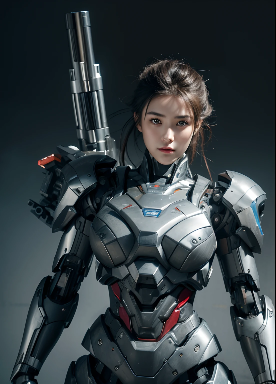 Textured skin, Super Detail, high details, High quality, Best Quality, hight resolution, 1080p, hard disk, Beautiful,(War Machine),beautiful cyborg woman,Mecha Cyborg Girl,Battle Mode,Girl with a Mecha Body,She wears a futuristic war machine weapon mech