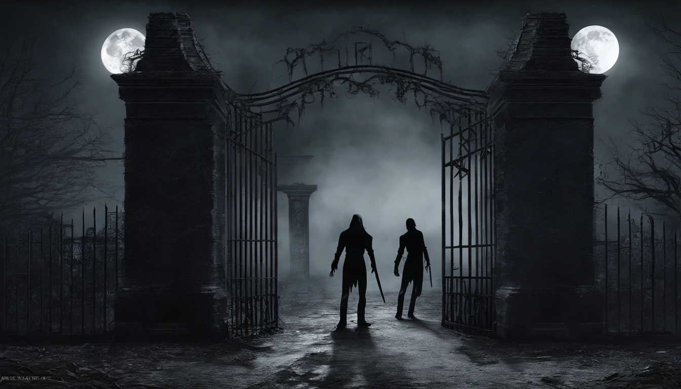 Describe the four teenagers standing in front of the old, rusty gates of the abandoned Miller Mansion on Halloween night. Paint a picture of the moon casting eerie shadows. Set the tone for a thrilling adventure. Highly detailed realistic