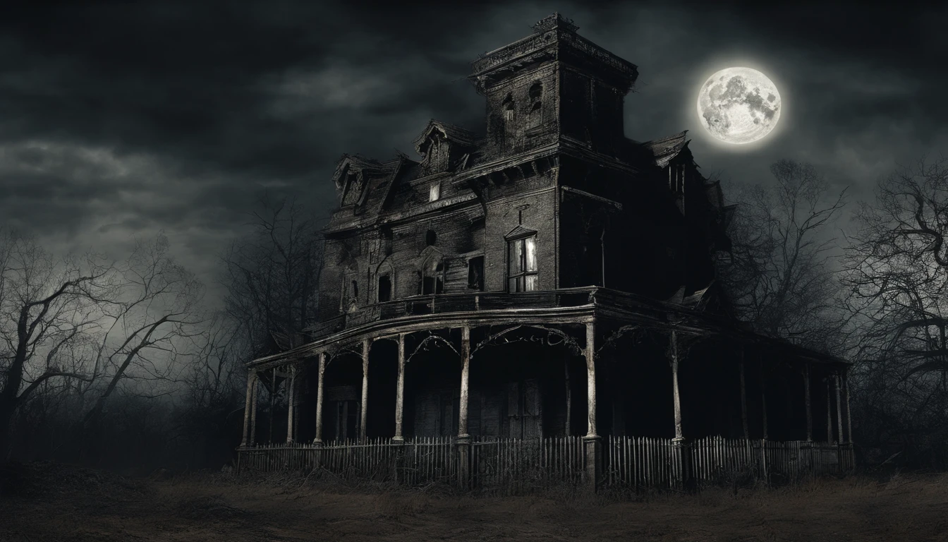 Describe the four teenagers standing in front of the old, rusty gates of the abandoned Miller Mansion on Halloween night. Paint a picture of the moon casting eerie shadows. Set the tone for a thrilling adventure. Highly detailed realistic