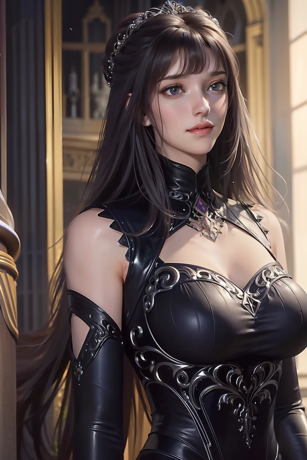 (absurdres, highres, ultra detailed), 1woman, solo, mature, aged up, (long hair,blunt_bangs,_hair, bangs), royal, noblewoman, Baroque, white dress, long sleeve, elegant, colorful, highest detailed, upper body, cathedral, light smile, frontal, (closed mouth)