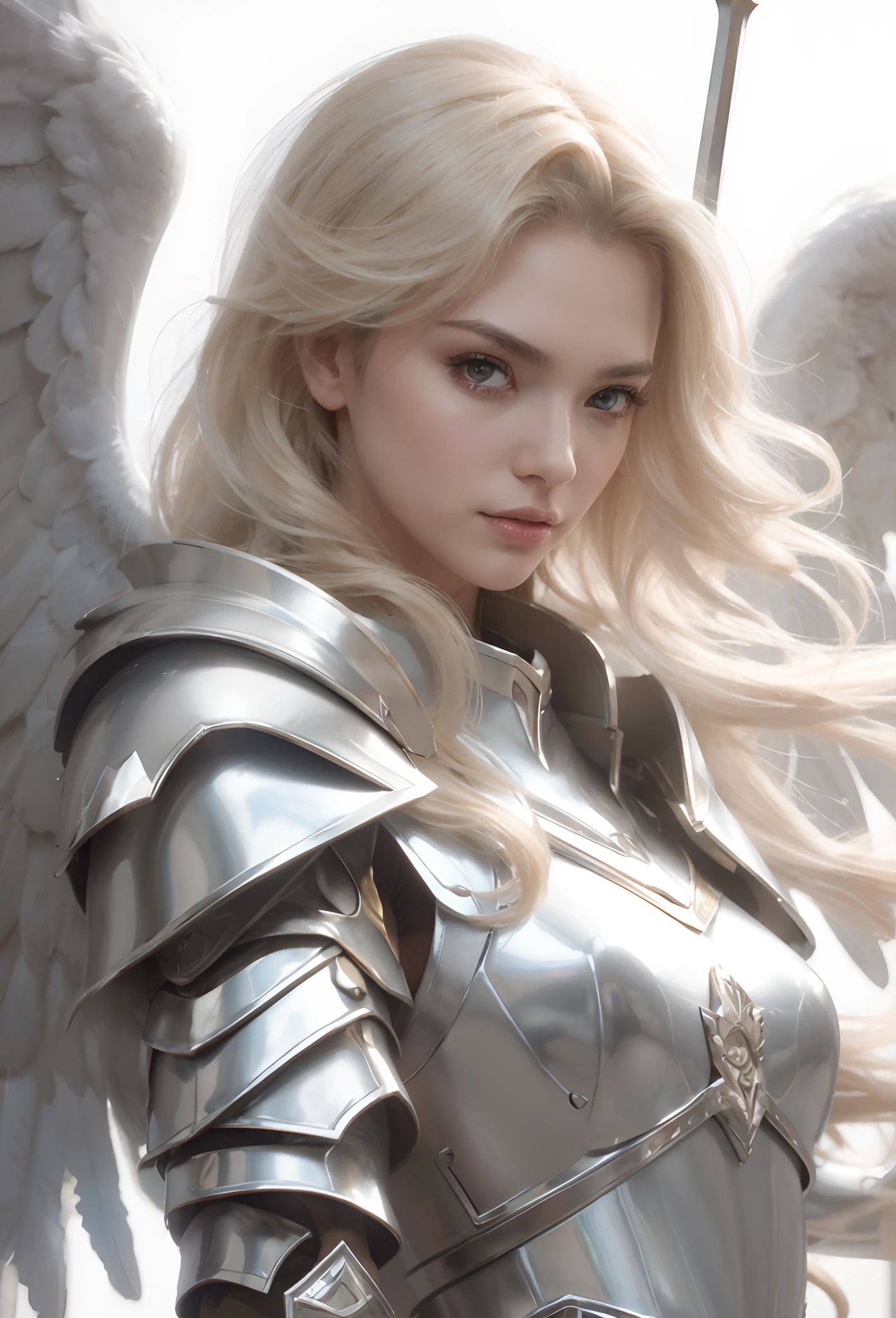Blond angel with sword and armor standing in front of a white background, menina do cavaleiro do anjo, Artgerm. High detail, Artgerm extremamente detalhado, Artgerm detalhado, WLOP | Artgerm, Modelo IG | Artgerm, Artgerm. anime illustration, Artgerm em ArtStation Pixiv, arte conceitual | Artgerm