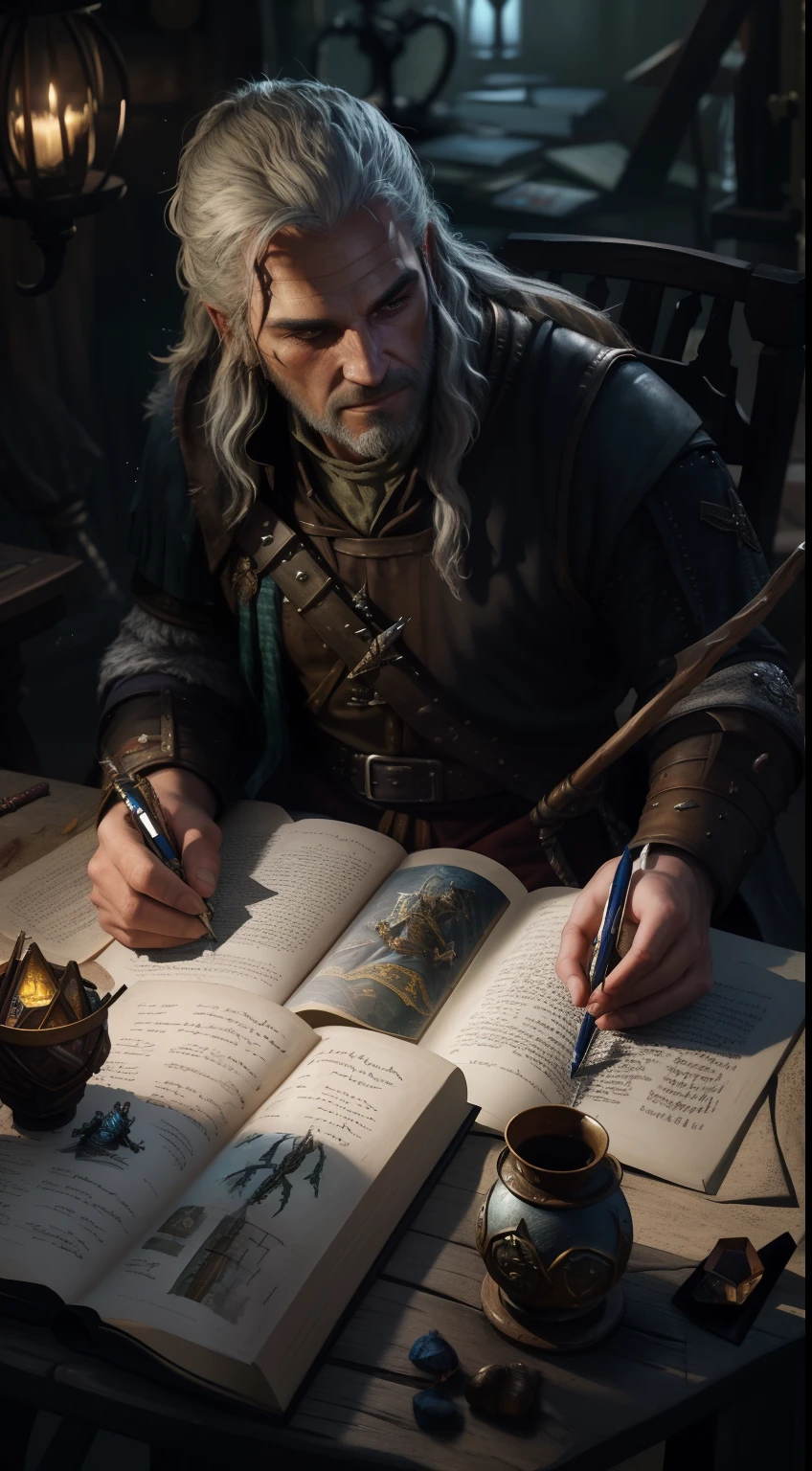 arafed image of a man writing a book with a pen, roleplaying game art, lawther sit at table playing dnd, the witcher concept art, crafting spells, fantasy game spell, wizard sits reading at a desk, male artificer, gwent, q wizard, an arcane wizard casting a spell, medieval fantasy game art, roleplaying