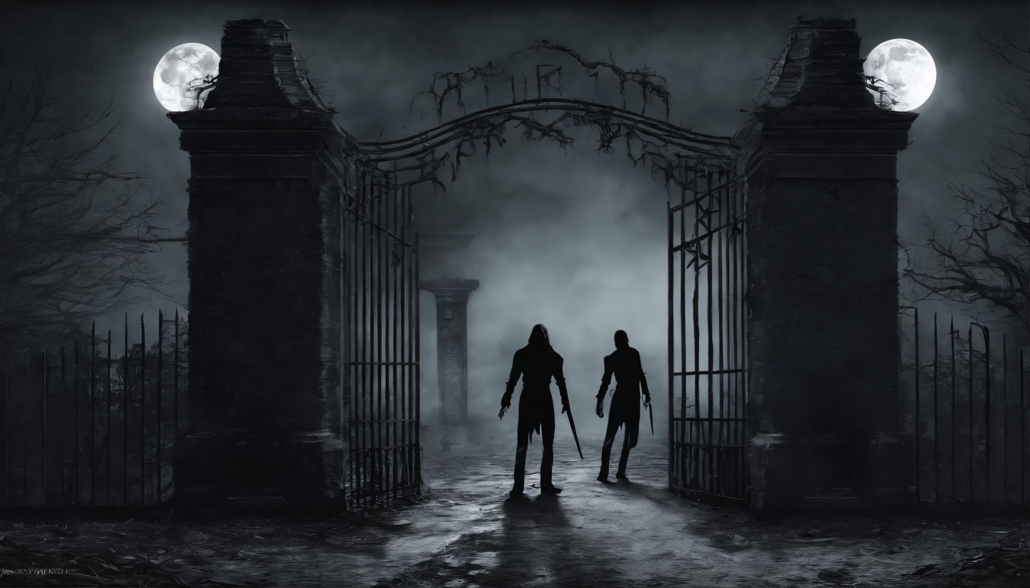Describe the four teenagers standing in front of the old, rusty gates of the abandoned Miller Mansion on Halloween night. Paint a picture of the moon casting eerie shadows. Set the tone for a thrilling adventure. Highly detailed realistic