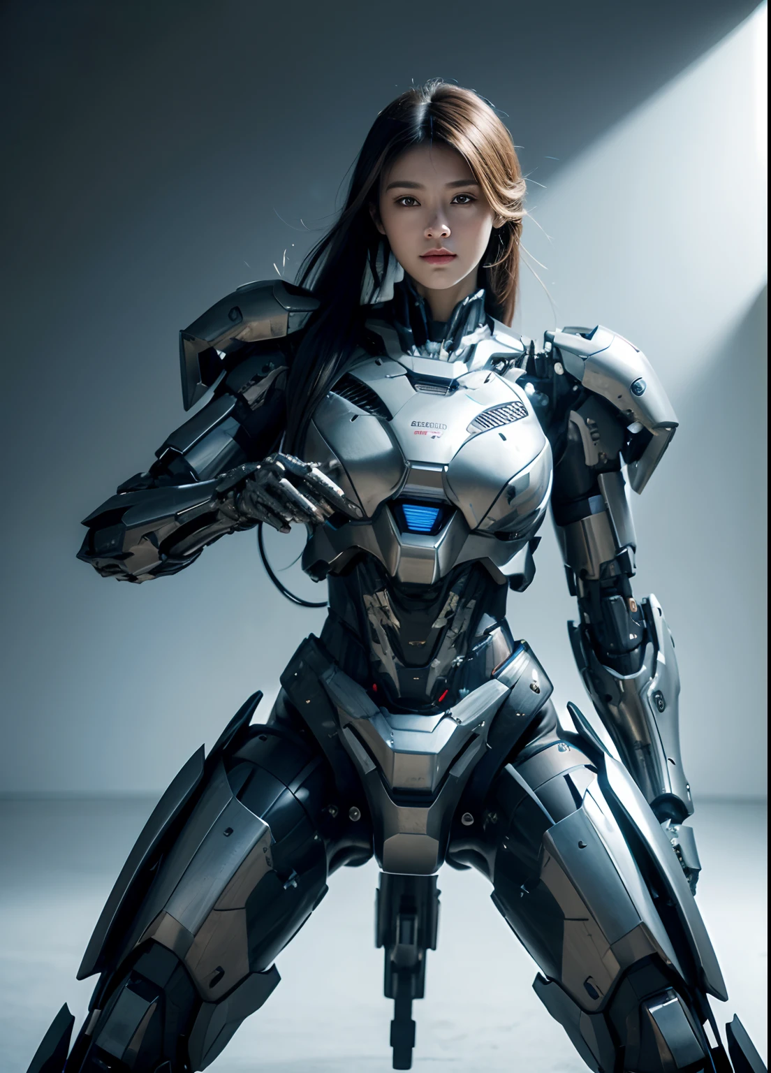 Textured skin, Super Detail, high details, High quality, Best Quality, hight resolution, 1080p, hard disk, Beautiful,(War Machine),beautiful cyborg woman,Mecha Cyborg Girl,Battle Mode,Girl with a Mecha Body,She wears a futuristic war machine weapon mech