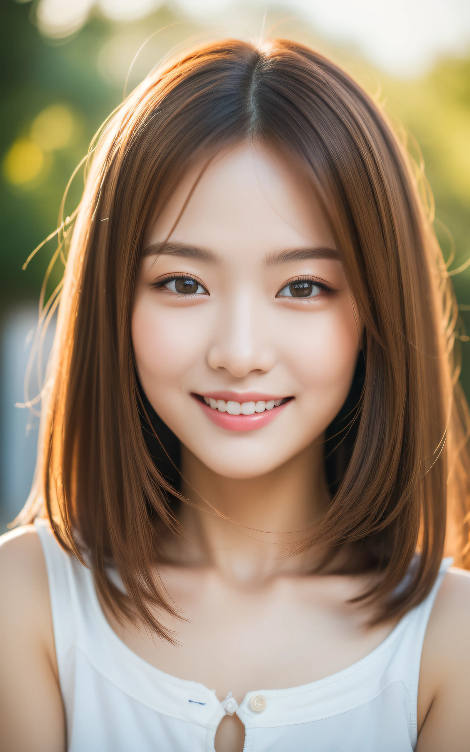 (Masterpiece:1.3), (8k, Photorealistic, RAW Photography, Best Quality: 1.4), soft light, professional lighting, 1girl, very beautiful girl, neat and clean beauty, close-up of her face, smile, Brown Medium hair,