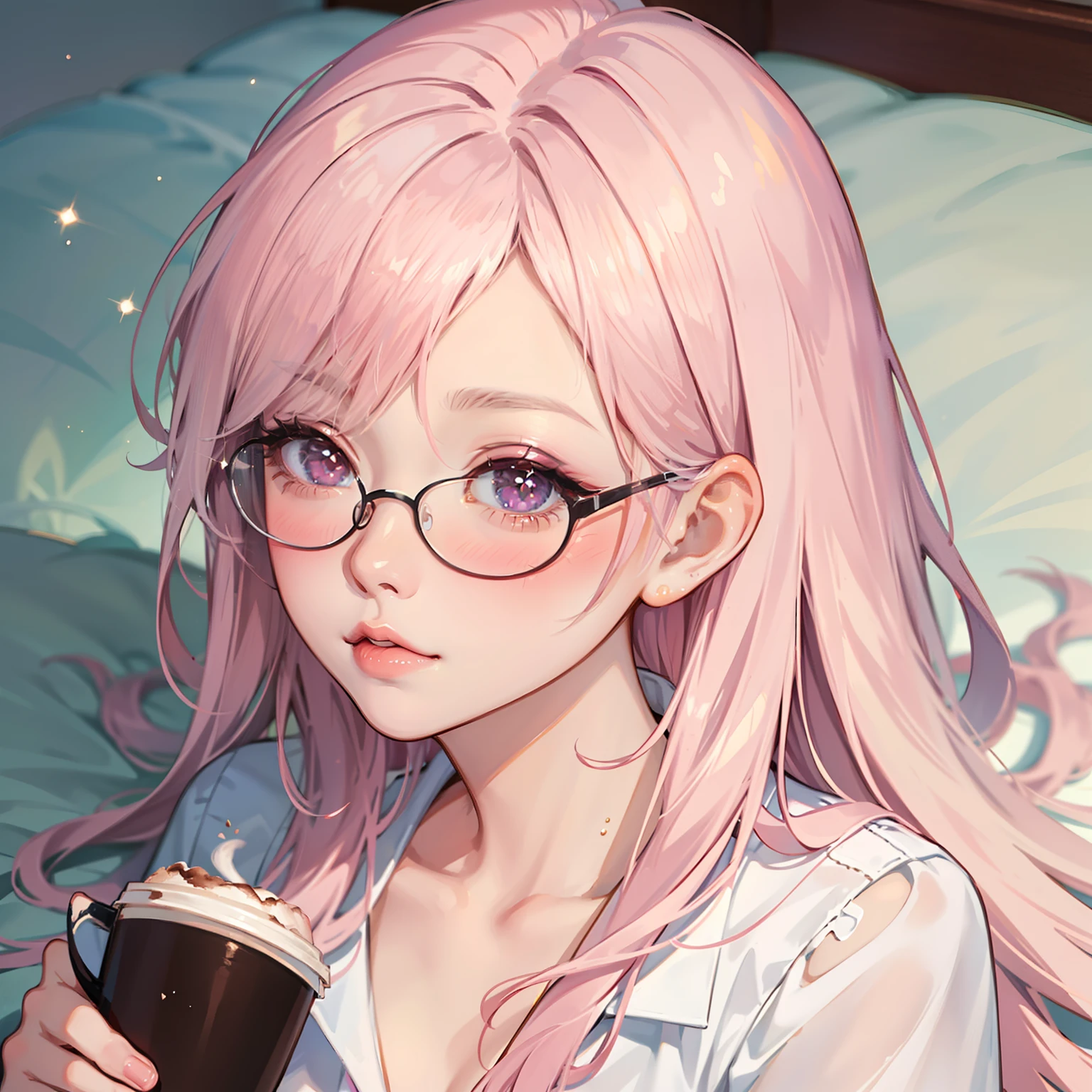 anime girl with pink hair, Aegyo-sal,  eyebags, wearing glasses, makeup, blush, blush nose, glitter makeup on eyes, perfect anime face, semi - realistic anime, detailed anime soft face, sleeping mask on head, holding coffee cup