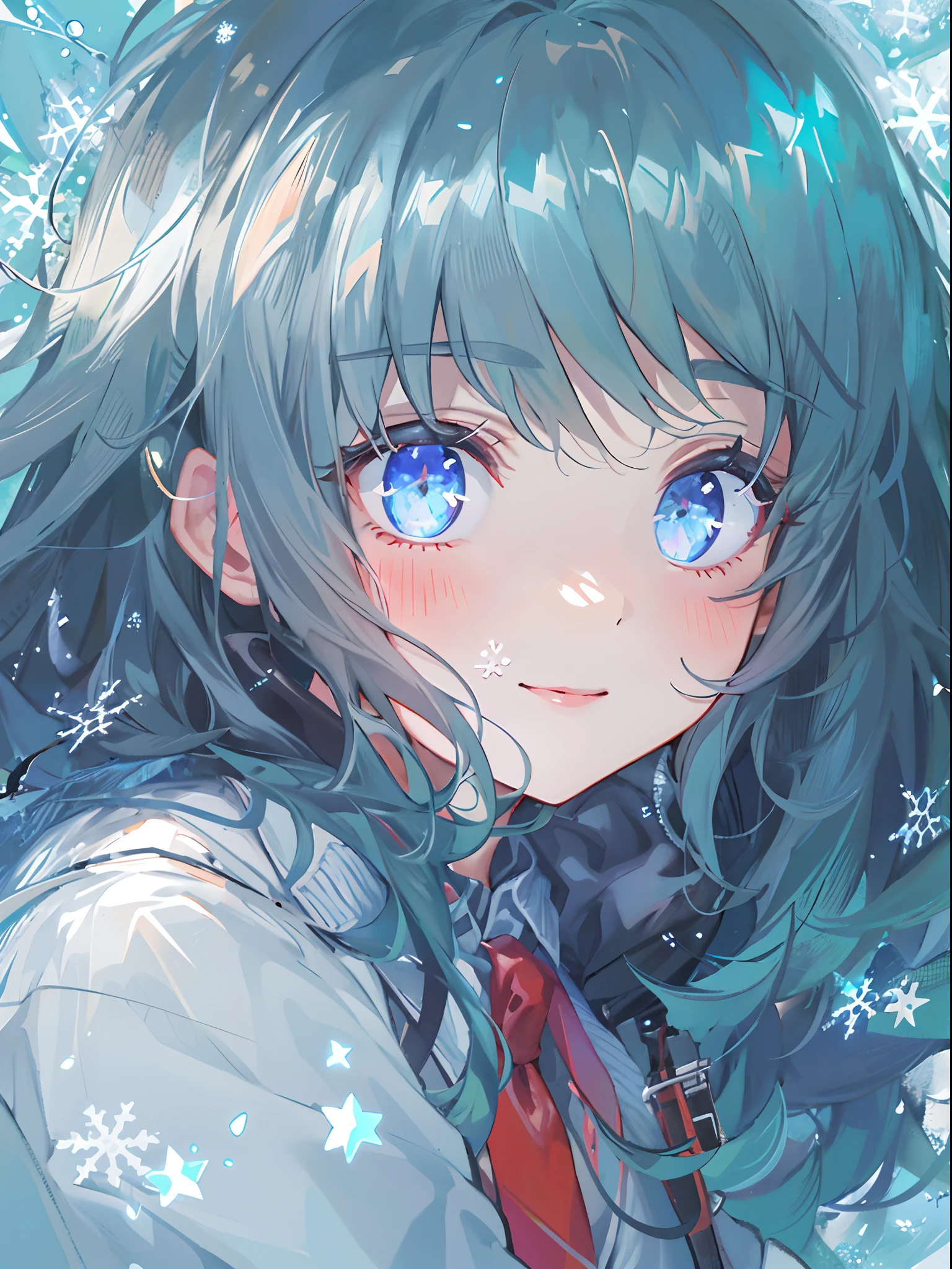 ((top-quality)), ((masterpiece)), ((ultra-detailliert)), (Extremely delicate and beautiful), girl with, 独奏, cold attitude,((Black jacket)),She is very(relax)with the(Settled down)Looks,A dark-haired, depth of fields,Evil smile,Bubble, under the water, Air bubble,bright light blue eyes,inner color with bright gray hair and light blue tips,,,,,,,Cold background,Bob Hair - Linear Art, shortpants、knee high socks、White uniform like school uniform、Light blue ribbon ties、Clothes are sheer、Hands in pockets、Bright eyes like sapphire,Fronllesse Blue, A small blue light was floating、Upper Eyes、glass shards、Snowflake Hair Ornament