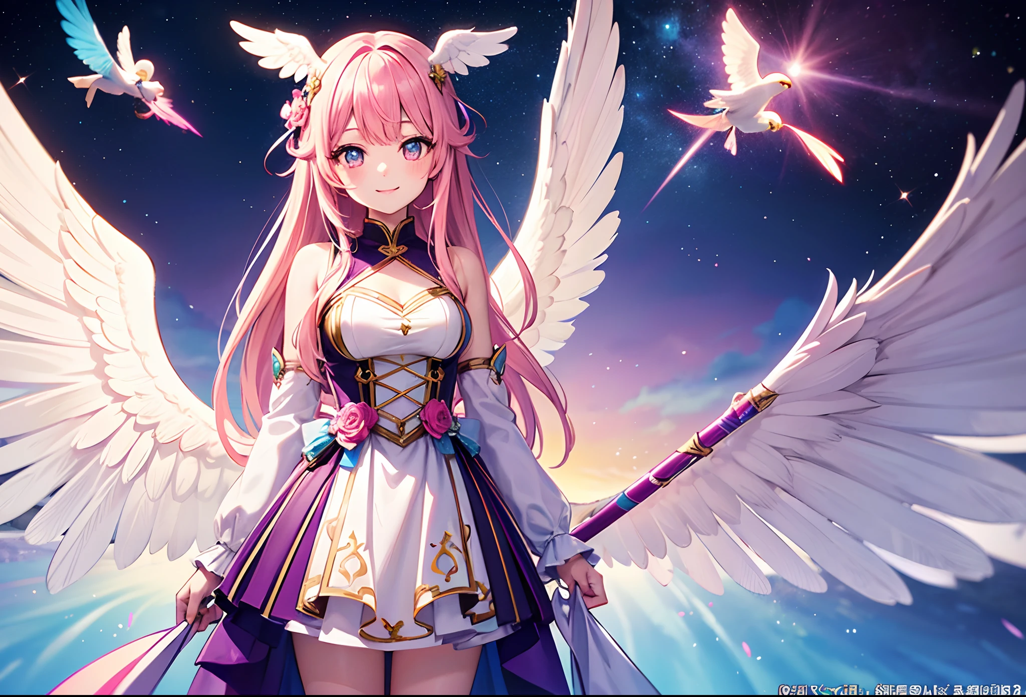 Colorful glowing angel wings、Kawaii Girl、adorable smiling、Light blue long hair、Twin-tailed、Pink and white costume ((top-quality))、((masterpiece))、(ighly detailed、highestdetailed、Official art、Beautifully Aesthetic:1.2)
