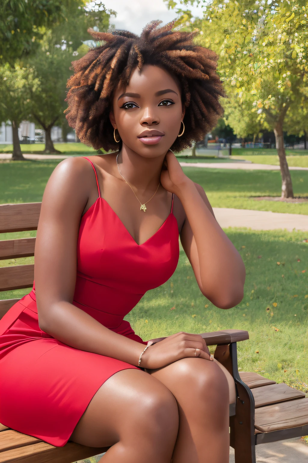 (masterpiece:1.3), (8k, photorealistic, RAW photo, best quality: 1.4), (((Simisola Mayeso))), sitting on a bench in a park, wearing short red dress