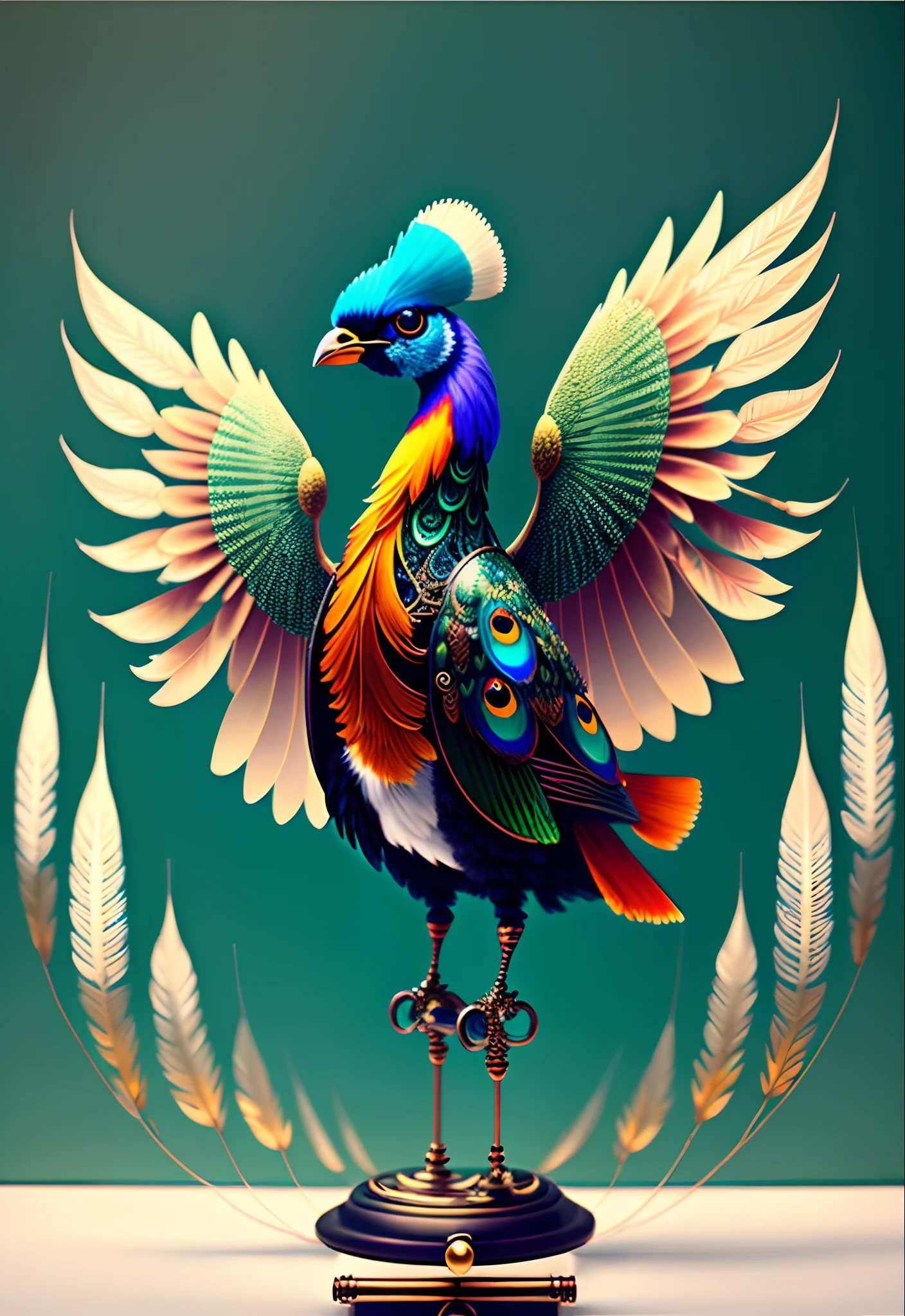 Android Mechanical Bird,Robot Wings,Ernst Haeckel,JamesJean。generative art, baroque, intricate motifs, Fracturism, cinematic Film still from, realisticlying, Vibrant peacock feathers, 复杂, ellegance, highly detailed, digitial painting, art stations, smoothness, Sharp focus, illustration, Transcendent, Mist machine, full body shot of