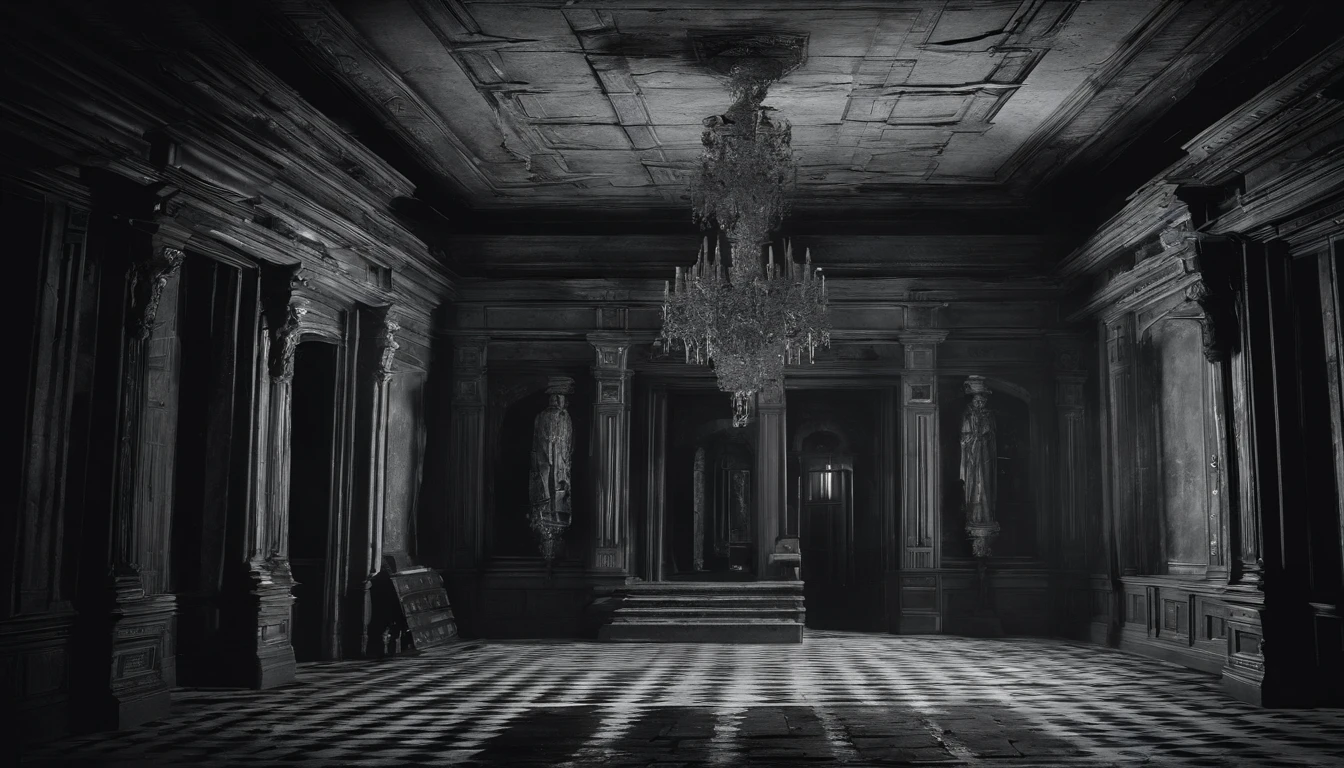 Take us into the grand entrance hall of the mansion. Use words to create an image of the dimly lit room filled with cobwebs and dust. How do the flashlights reveal the intricate but decaying architecture? highly detailed realistic