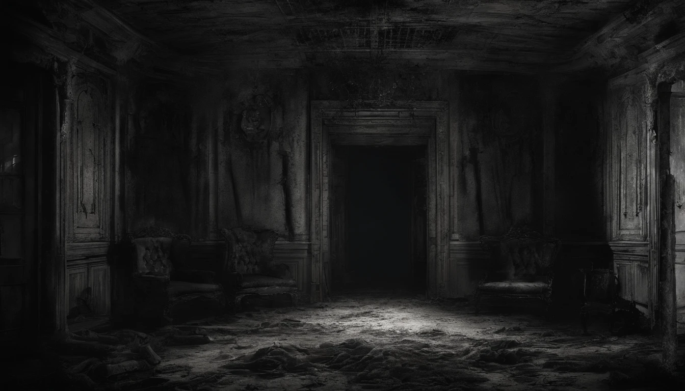 Take us into the grand entrance hall of the mansion. Use words to create an image of the dimly lit room filled with cobwebs and dust. How do the flashlights reveal the intricate but decaying architecture? highly detailed realistic
