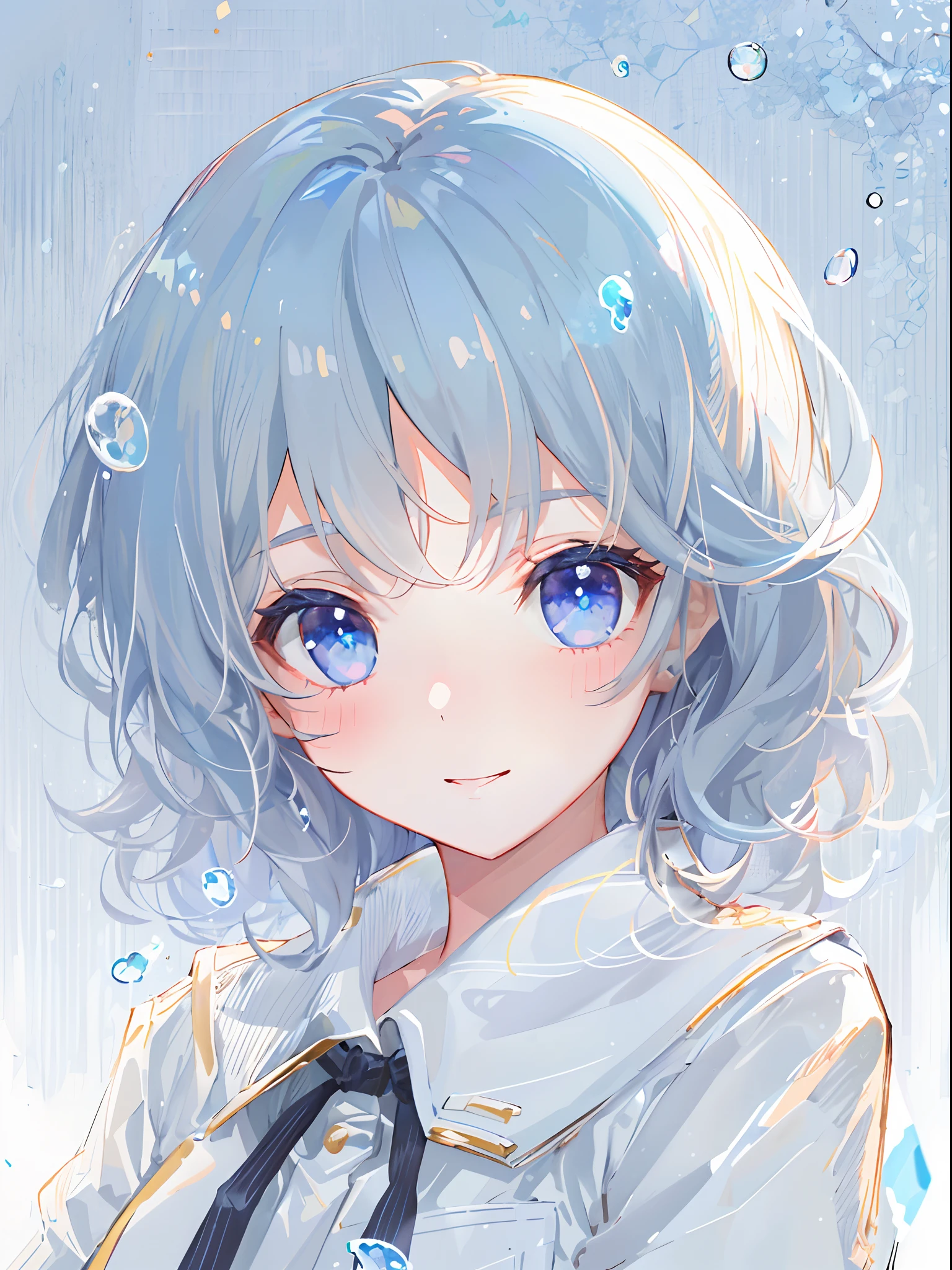 ((top-quality)), ((masterpiece)), ((ultra-detailliert)), (Extremely delicate and beautiful), girl with, 独奏, cold attitude,((Black jacket)),She is very(relax)with the(Settled down)Looks,A dark-haired, depth of fields,Evil smile,Bubble, under the water, Air bubble,bright light blue eyes,inner color with bright gray hair and light blue tips,,,Cold background,Bob Hair - Linear Art, shortpants、knee high socks、White uniform like school uniform、Light blue ribbon ties、Clothes are sheer、Hands in pockets、Bright eyes like sapphire,Fronllesse Blue, A small blue light was floating、Upper Eyes、foodie