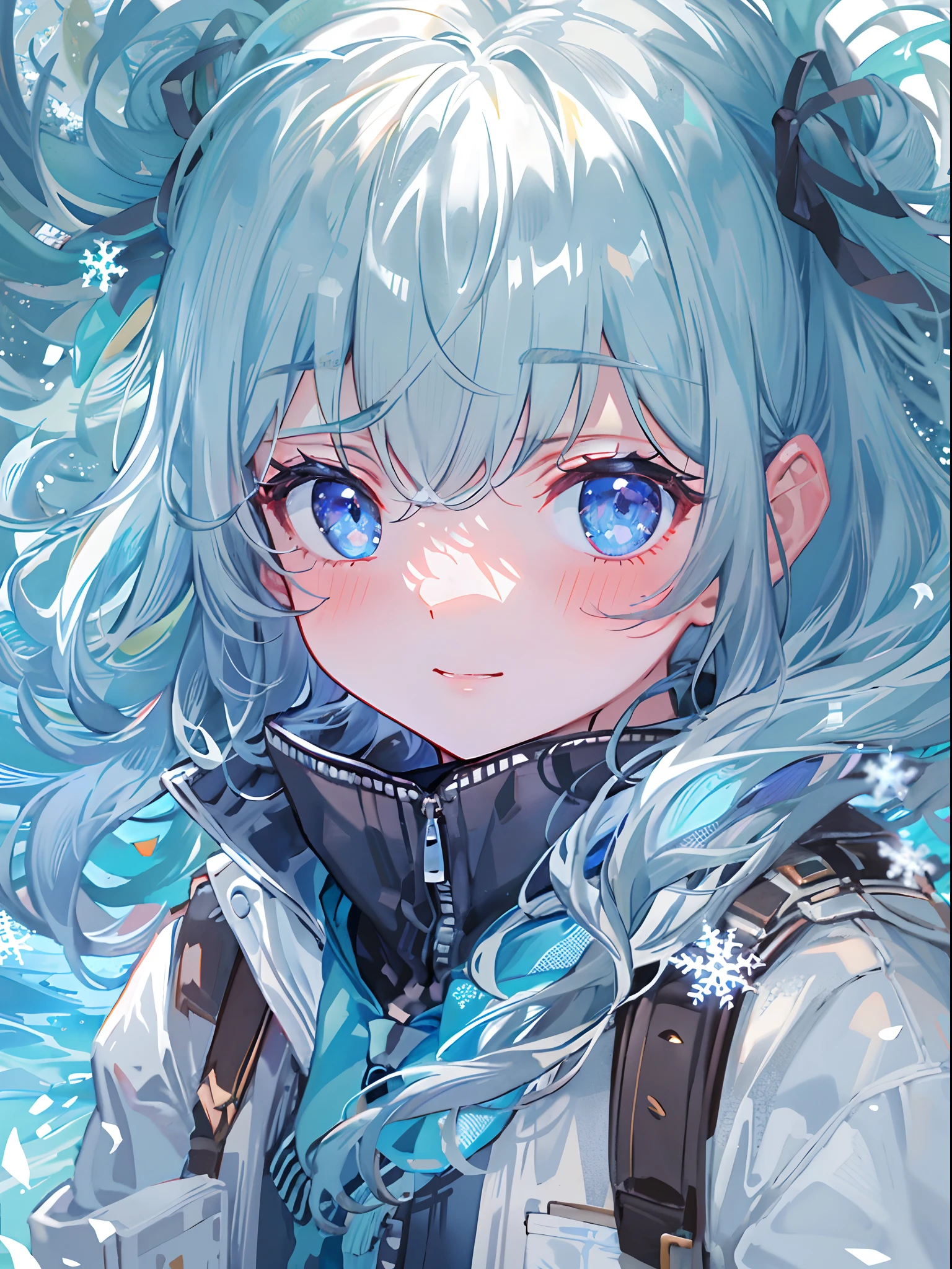 ((top-quality)), ((masterpiece)), ((ultra-detailliert)), (Extremely delicate and beautiful), girl with, 独奏, cold attitude,((Black jacket)),She is very(relax)with the(Settled down)Looks,A dark-haired, depth of fields,Evil smile,Bubble, under the water, Air bubble,bright light blue eyes,inner color with bright gray hair and light blue tips,,,,,,,,Cold background,Bob Hair - Linear Art, shortpants、knee high socks、White uniform like school uniform、Light blue ribbon ties、Clothes are sheer、Hands in pockets、Bright eyes like sapphire,Fronllesse Blue, A small blue light was floating、Upper Eyes、glass shards、Snowflake Hair Ornament