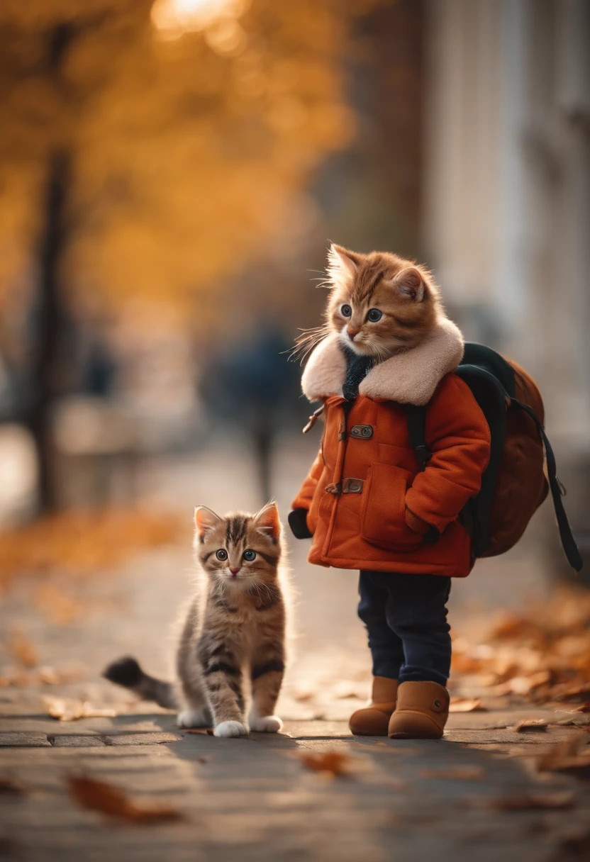 season for autumn、I have two little kittens, a cute little cat, cute kittens, Cutest, Incredibly cute, Adorable and cute, And cute and lovely. They are walking down the street with backpacks, Walking together, commute, Proudly walk down the street, And the cat is walking. They are cute in the style of 🍂 and 🍁, Adorable and cute, Cute and adorable, oh, nice and cute. They are known as real-life Tom and Jerry.Wearing warm clothes、muffler、coat